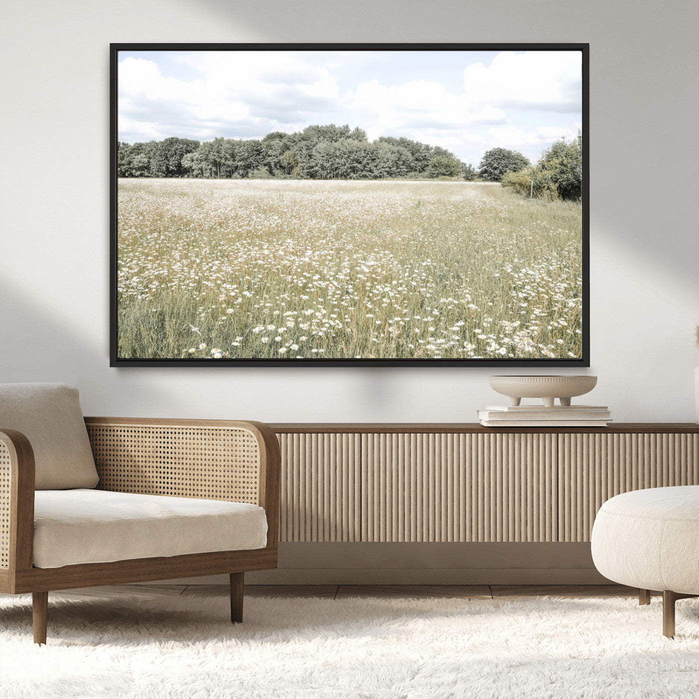 MGV-FC-36X24 - Charming Daisy Field Wall Art Canvas Print, Framed Pastel Flower Art Picture Print, Meadow Bloom Perfect Scandinavian Minimalist Decor Artwork