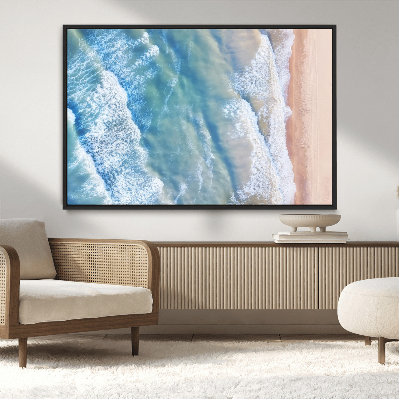 MGV-FC-36X24 - Aerial Ocean View Wall Art Canvas Print, Framed Soft Blue Waves Art Picture Print, Sandy Shoreline Perfect Modern Coastal Decor Artwork