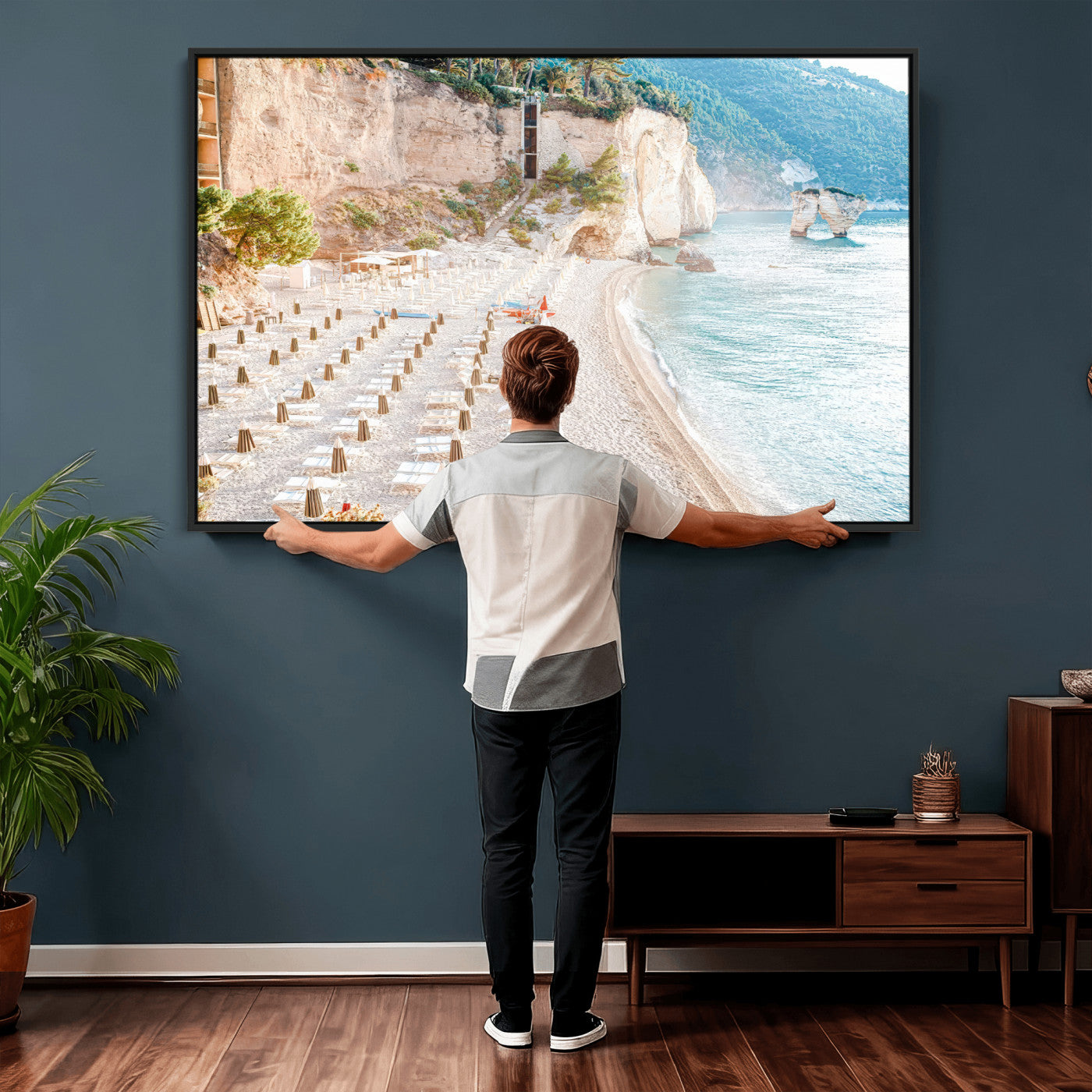 84816639-MGV-CV-36X24 - Sunny Beach Wall Art – Chairs & Umbrellas Canvas Print, Clear Water, Rocky Cliffs, Coastal Calm for Living Room or Vacation Home Decor