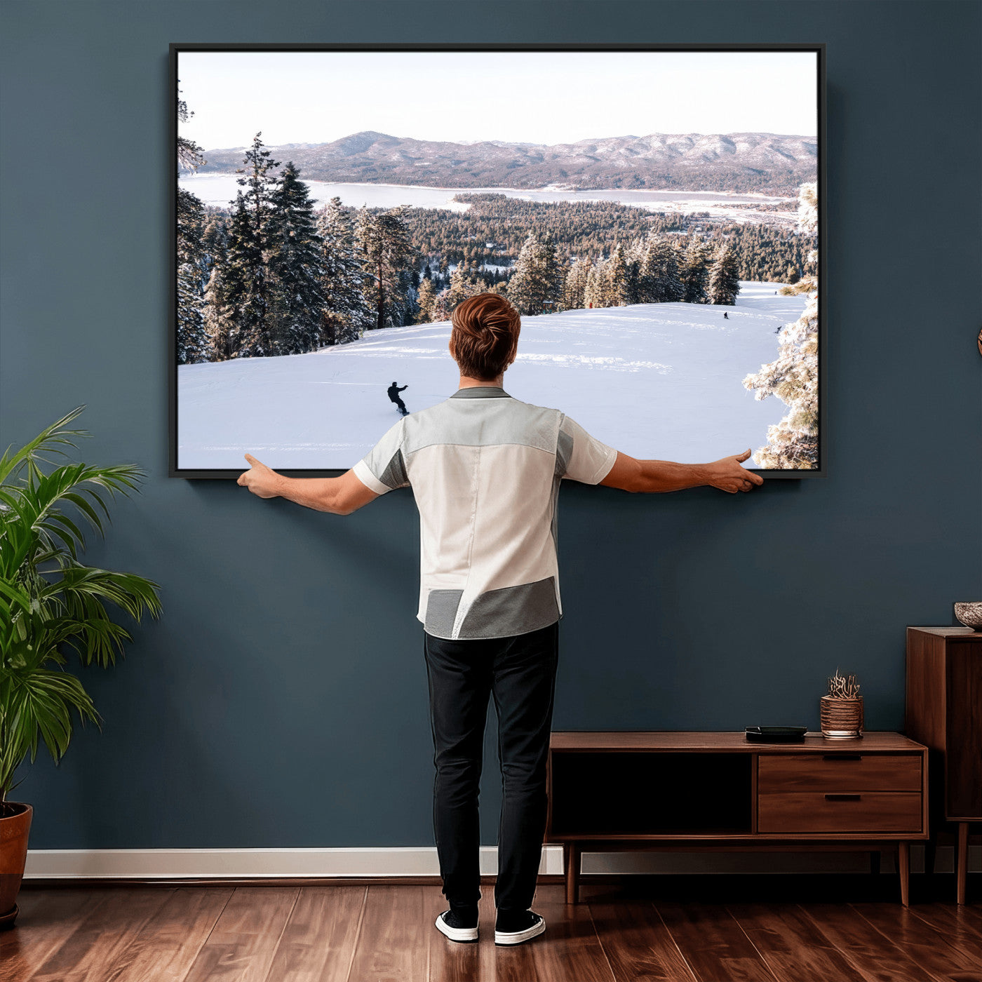 79857868-MGV-CV-36X24 - Snowboarder Wall Art – Winter Slope Canvas Print, Pine Forest, Snow-Covered Mountains, Outdoor Adventure for Living Room or Cabin Decor