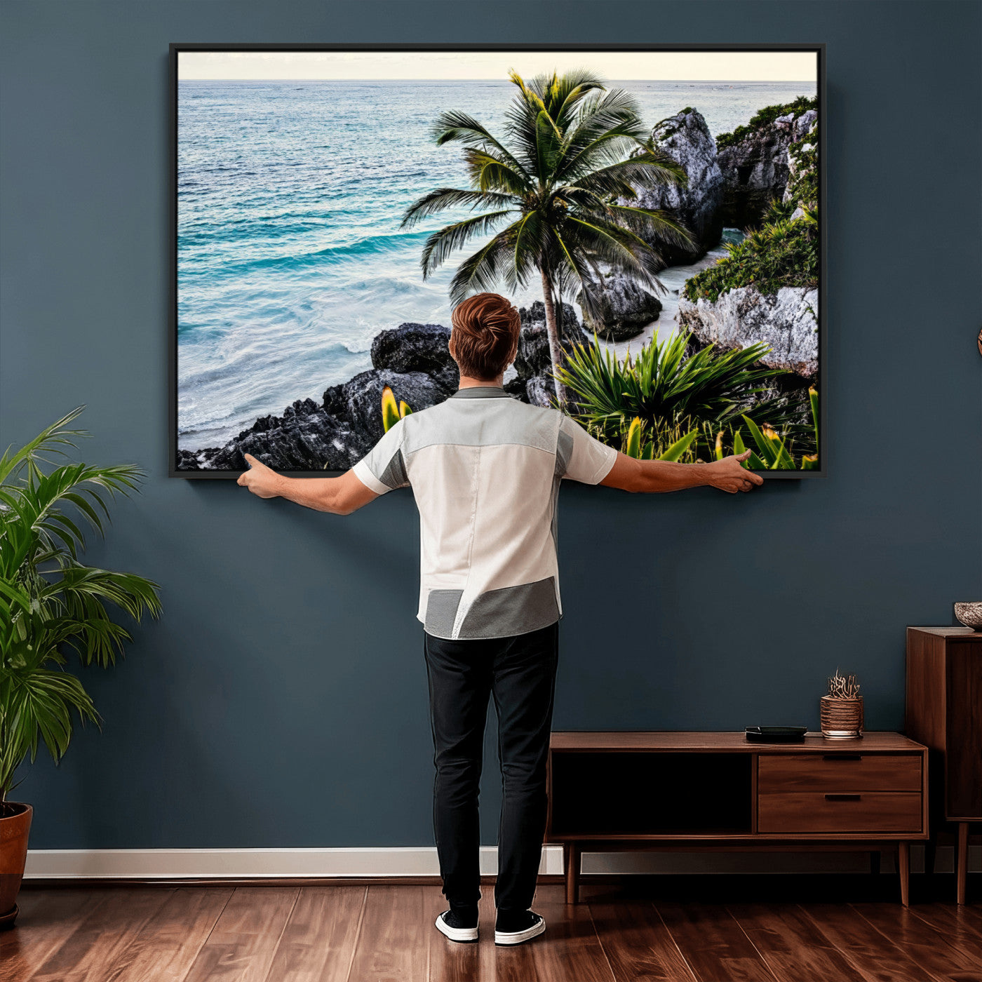 94669907-MGV-CV-36X24 - Tropical Palm Wall Art – Coastal Rocks Canvas Print, Ocean Breeze, Sandy Shore, Vibrant Green Foliage for Living Room or Beach House Decor