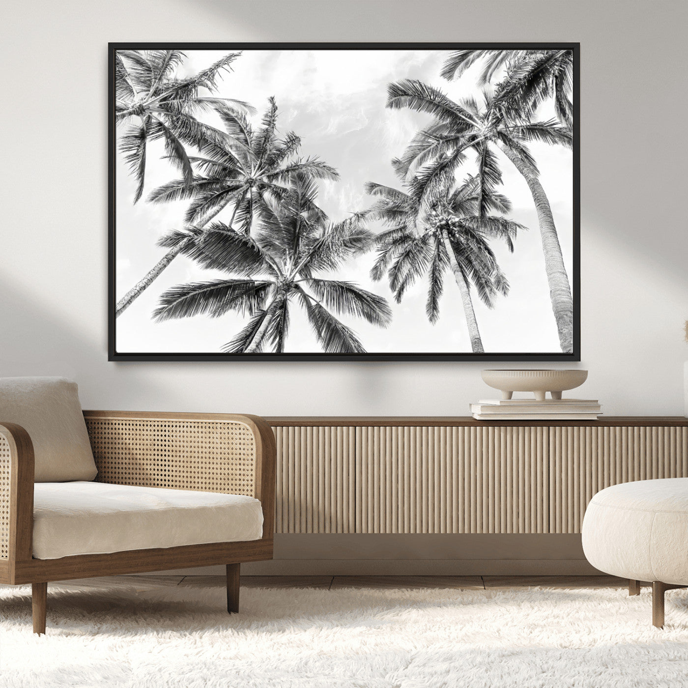 MGV-FC-36X24 - Black White Palm Wall Art Canvas Print, Framed Monochrome Tropics Art Picture Print, Minimalist Beach Perfect Coastal Minimalist Decor Artwork