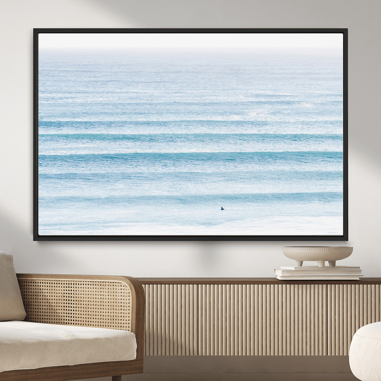 77145995-MGV-CV-36X24-Ocean Wave Surfer Wall Art – Framed Minimal Seascape Canvas Artwork, Calm Blue Water Design, Coastal Decor for Home, Office