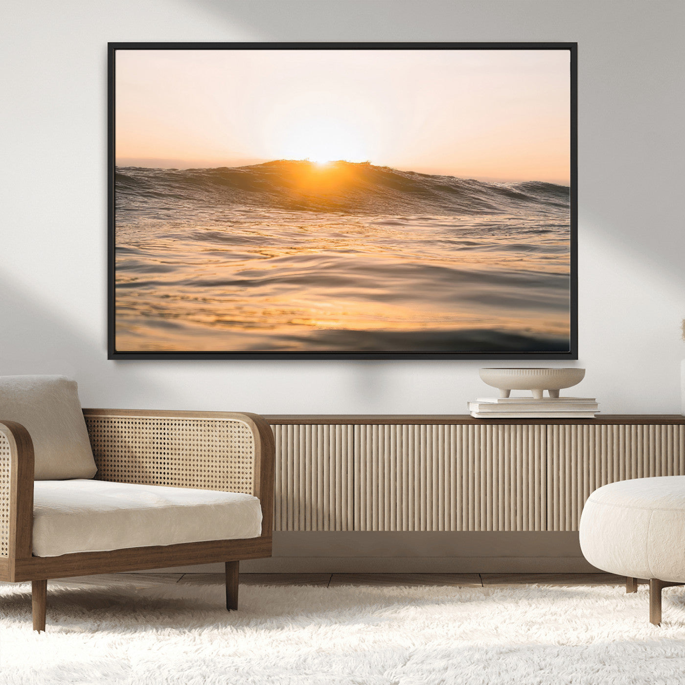 MGV-FC-36X24 - Calm Water Wall Art Canvas Print, Framed Sunset Waves Art Picture Print, Coastal Warmth Perfect Warm Minimalist Decor Artwork