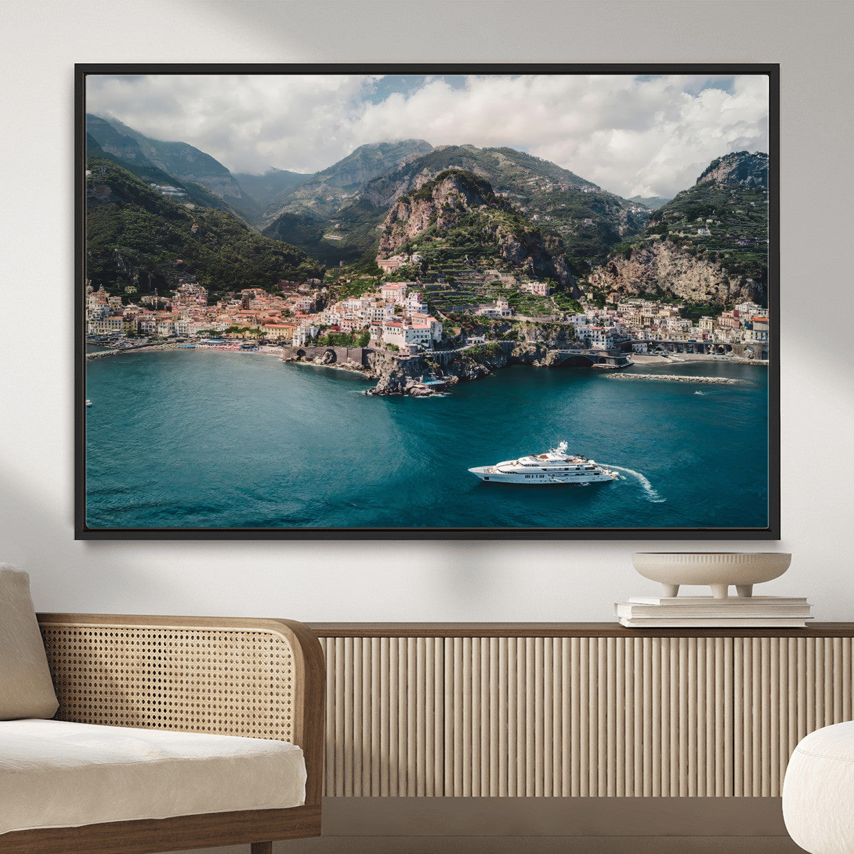 20321590-MGV-CV-36X24-Amalfi Coast Wall Art – Framed Italian Seaside Canvas Artwork, Mediterranean Landscape Design, Coastal Decor for Home, Office