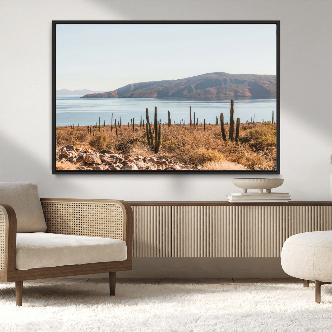 MGV-FC-36X24 - Desert Cactus Wall Art Canvas Print, Framed Baja Coastline Art Picture Print, Coastal Desert Perfect Southwestern Minimalist Decor Artwork