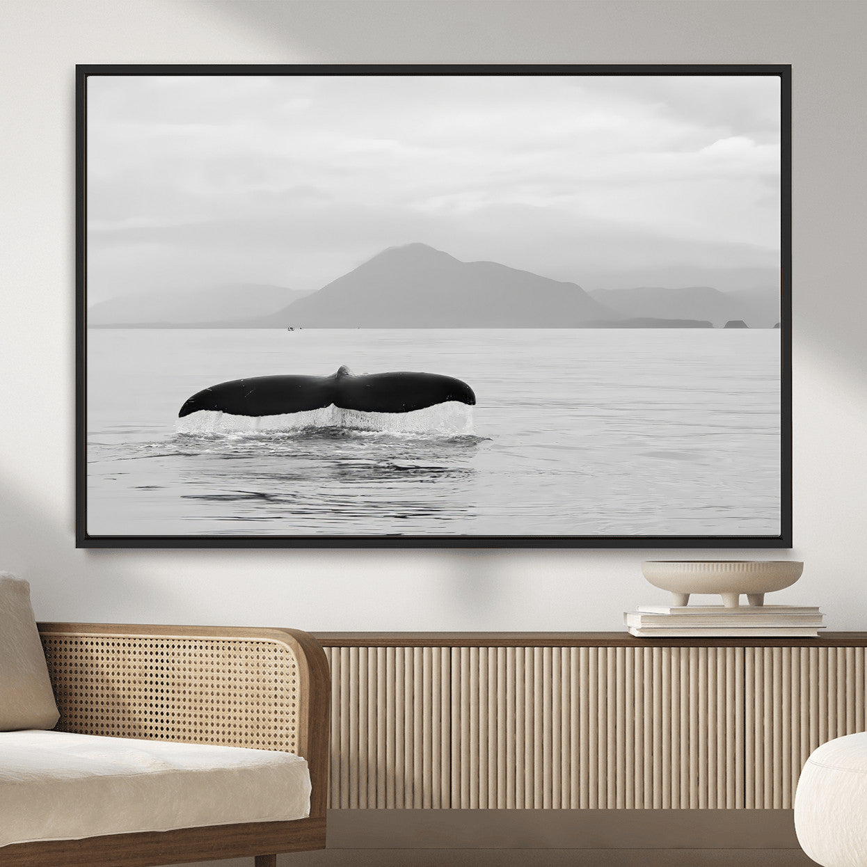 MGV-FC-36X24 - Whale Tail Wall Art Canvas Print, Framed Black White Ocean Art Picture Print, Calm Marine Perfect Minimalist Coastal Decor Artwork