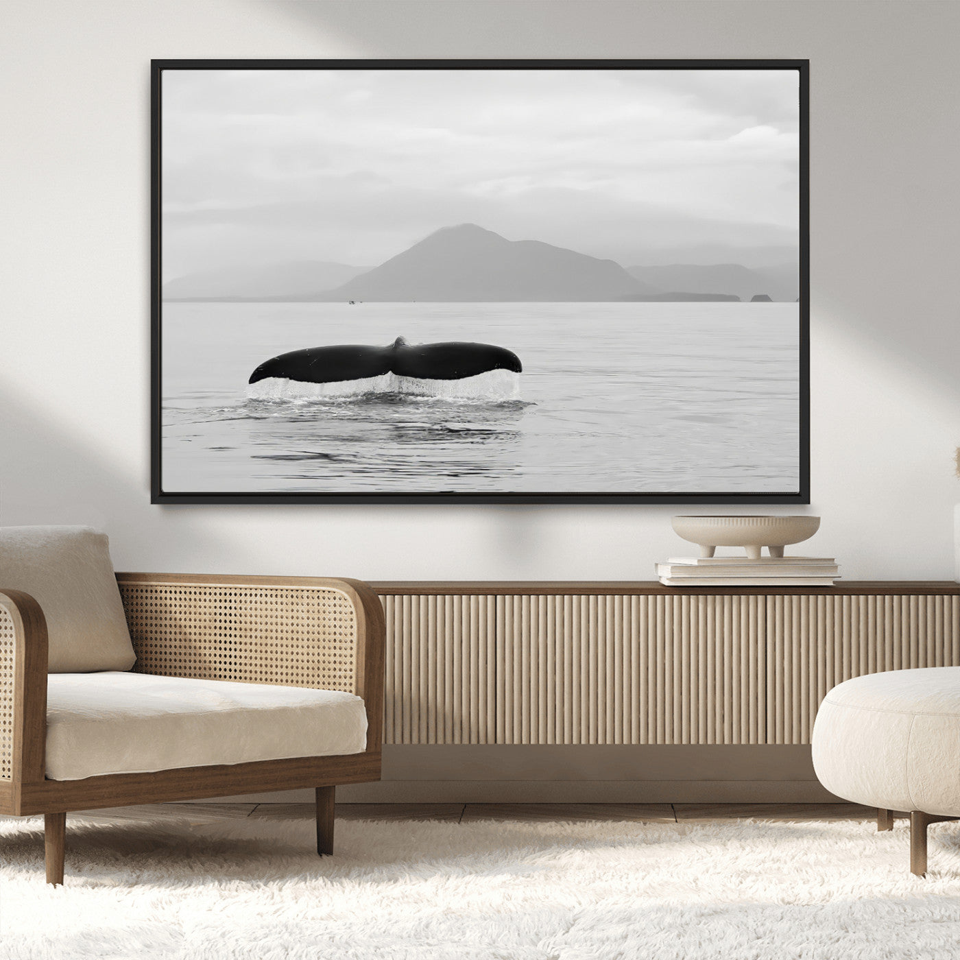MGV-FC-36X24 - Whale Tail Wall Art Canvas Print, Framed Black White Ocean Art Picture Print, Calm Marine Perfect Minimalist Coastal Decor Artwork