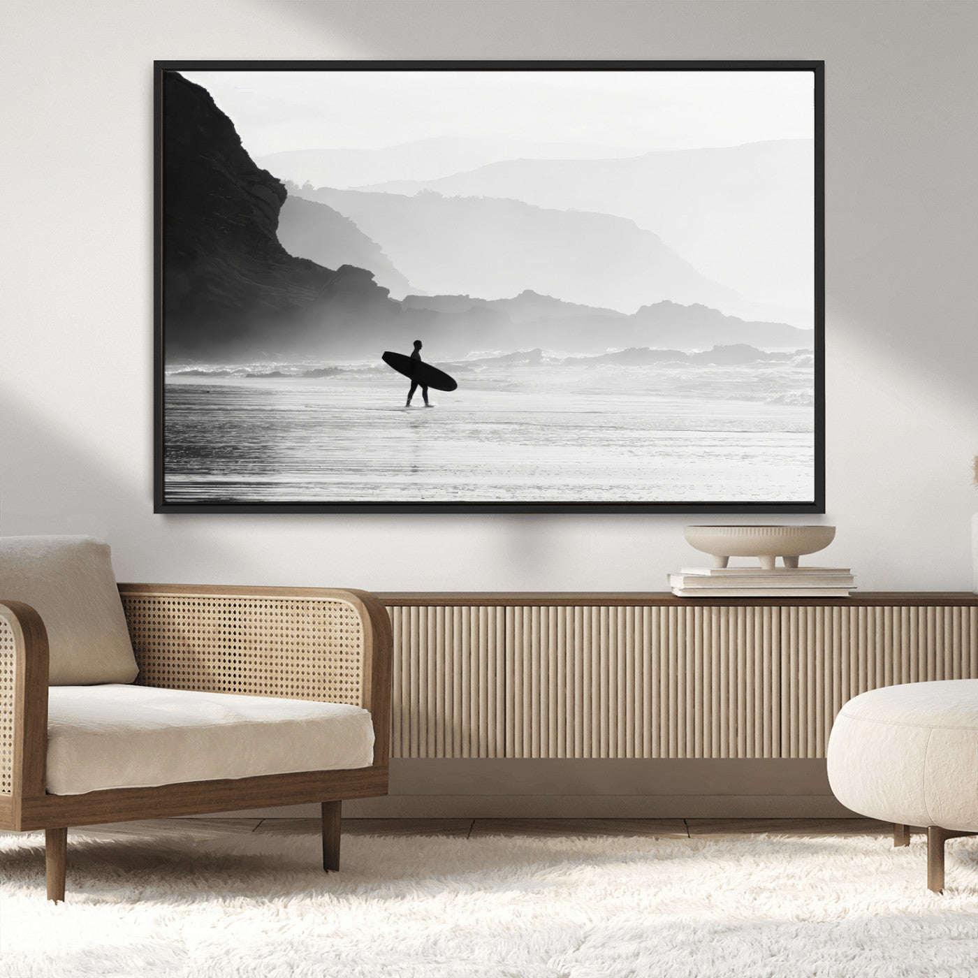 MGV-FC-36X24 - Surfer In Fog Wall Art Canvas Print, Framed Moody Shoreline Art Picture Print, Cliffside Waves Perfect Minimalist Coastal Decor Artwork