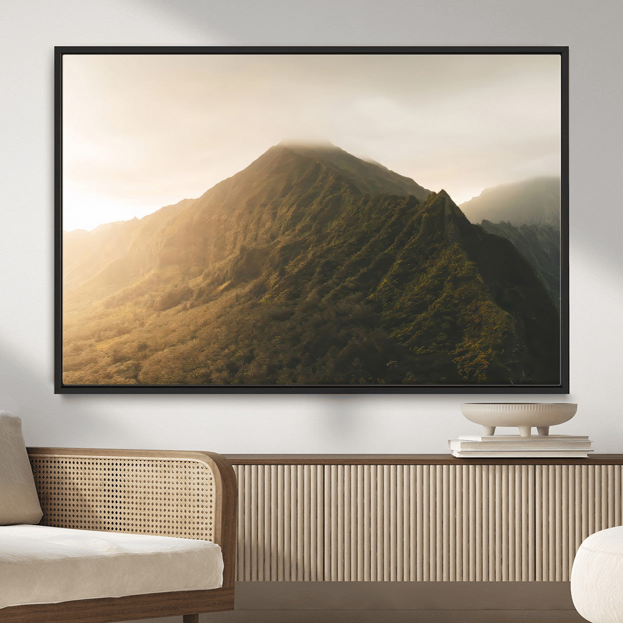 42338636-MGV-CV-36X24-Mountain Wall Art – Framed Sunset Landscape Canvas Artwork, Serene Nature Design, Rustic Decor for Home, Office