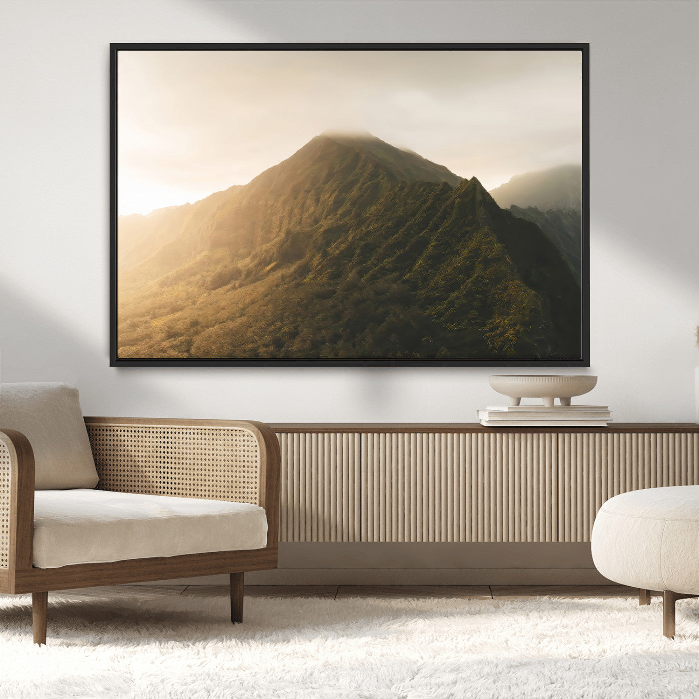 MGV-FC-36X24 - Golden Mountain Wall Art Canvas Print, Framed Misty Summit Art Picture Print, Rugged Landscape Perfect Moody Wilderness Decor Artwork