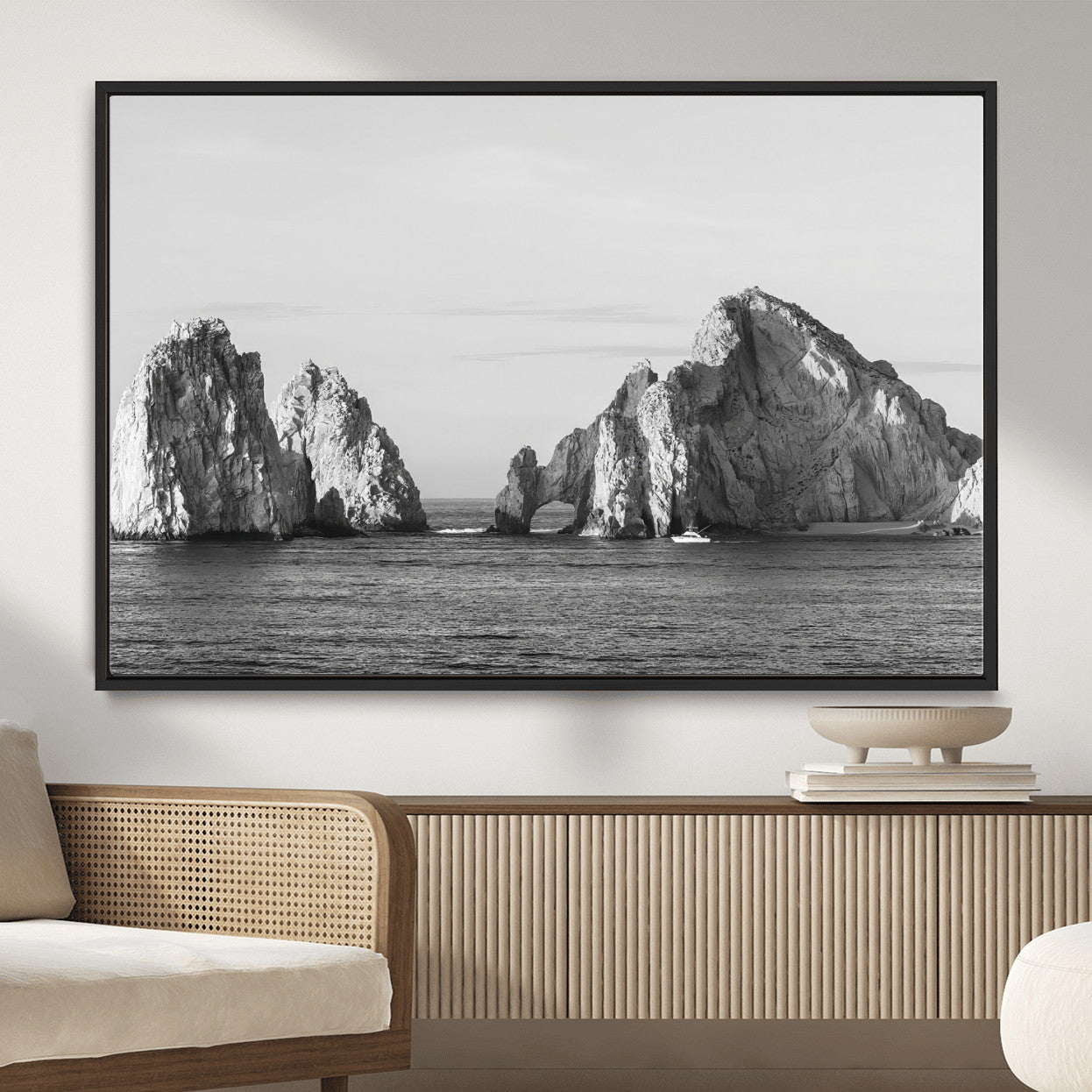 MGV-FC-36X24 - Rugged Coastline Wall Art Canvas Print, Framed Ocean Cliffs Art Picture Print, Monochrome Seascape Perfect Coastal Minimalist Decor Artwork