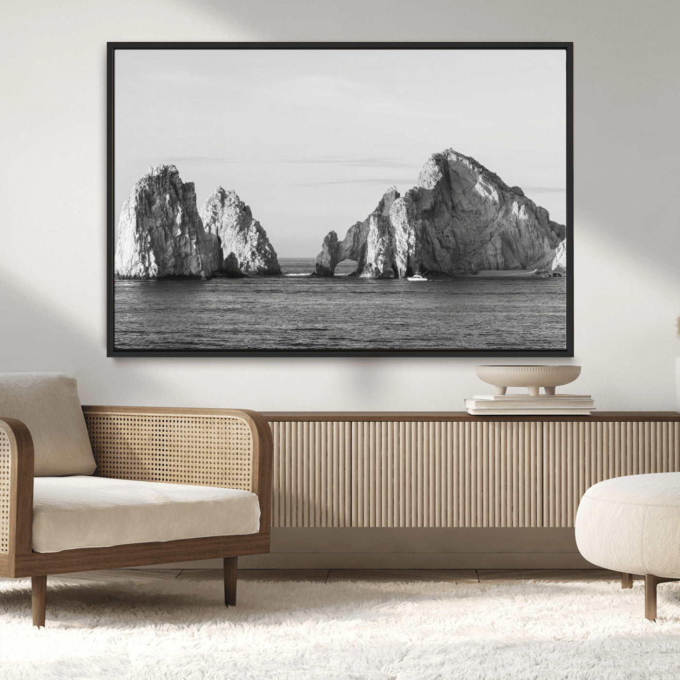MGV-FC-36X24 - Rugged Coastline Wall Art Canvas Print, Framed Ocean Cliffs Art Picture Print, Monochrome Seascape Perfect Coastal Minimalist Decor Artwork