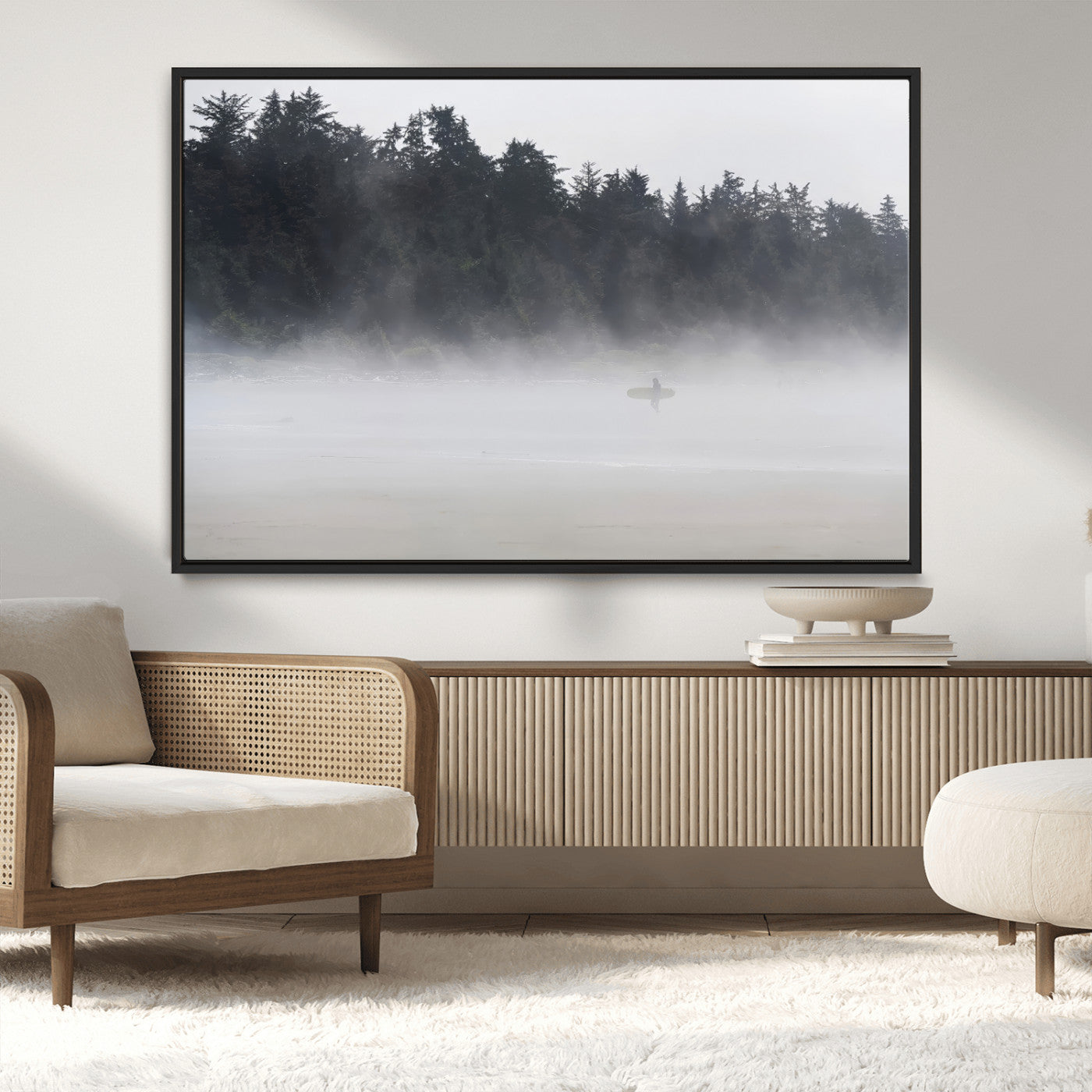 MGV-FC-36X24 - Surfer in Fog Wall Art Canvas Print, Framed Foggy Beach Art Picture Print, Coastal Surf Perfect Moody Coastal Decor Artwork