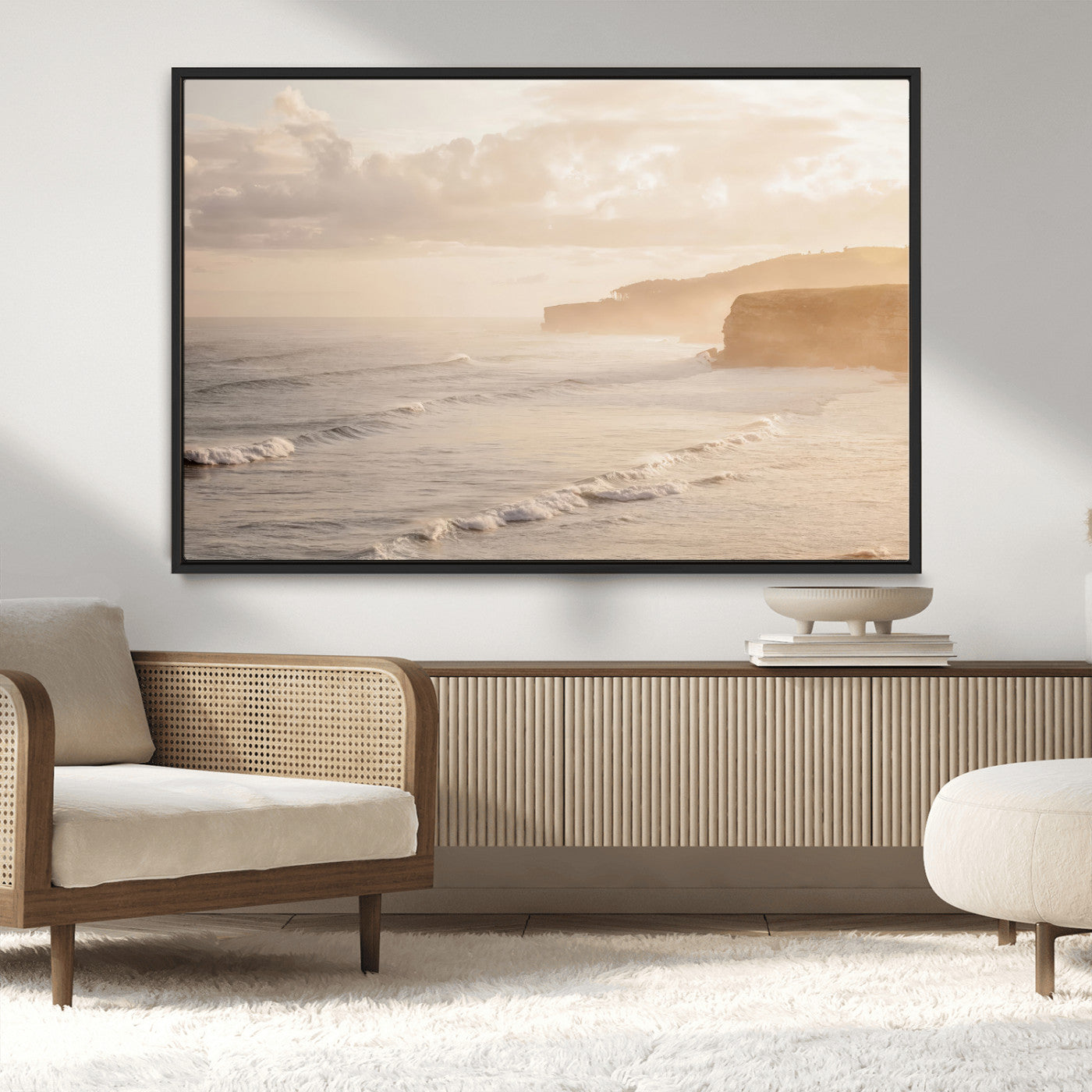 MGV-FC-36X24 - Misty Coastal Wall Art Canvas Print, Framed Golden Sunset Art Picture Print, Serene Shoreline Perfect Tranquil Coastal Decor Artwork