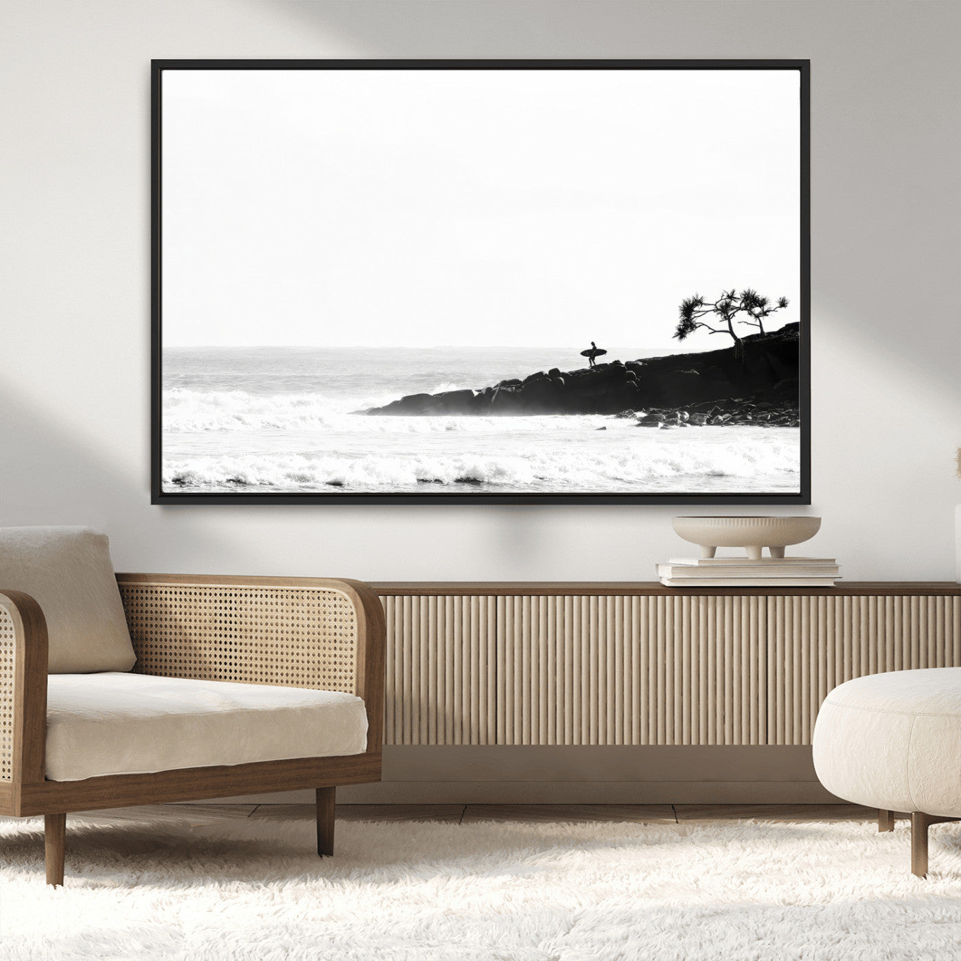 MGV-FC-36X24 - SurferCliffs Wall Art Canvas Print, Framed Black White Beach Art Picture Print, Ocean Waves Perfect Minimalist Coastal Decor Artwork