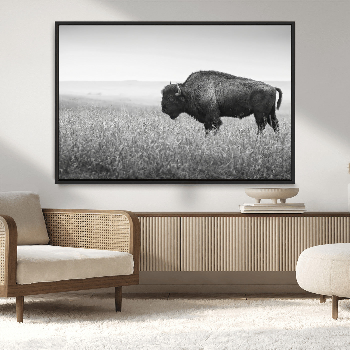 MGV-FC-36X24 - Bison In Prairie Wall Art Canvas Print, Framed Rustic Wildlife Art Picture Print, Wild Buffalo Perfect Rustic Western Decor Artwork