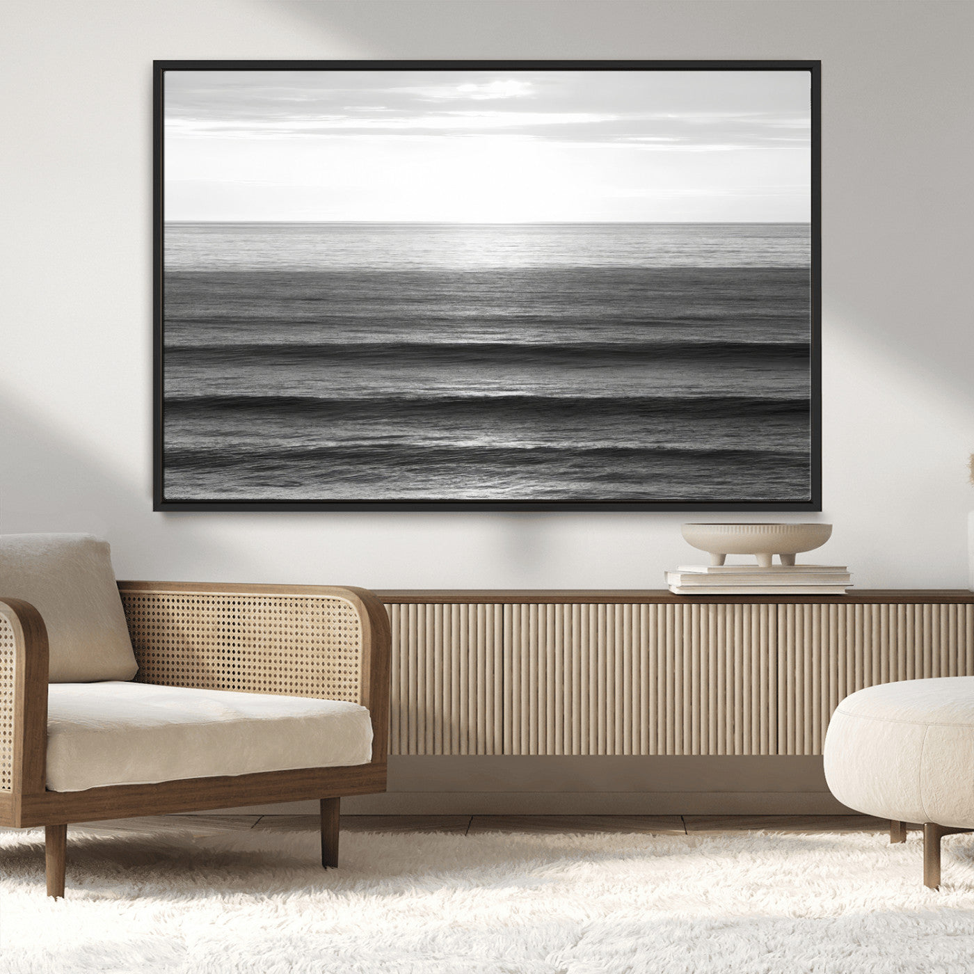 MGV-FC-36X24 - Monochrome Ocean Wall Art Canvas Print, Framed Moody Ocean Art Picture Print, Calm Ocean Perfect Minimalist Coastal Decor Artwork