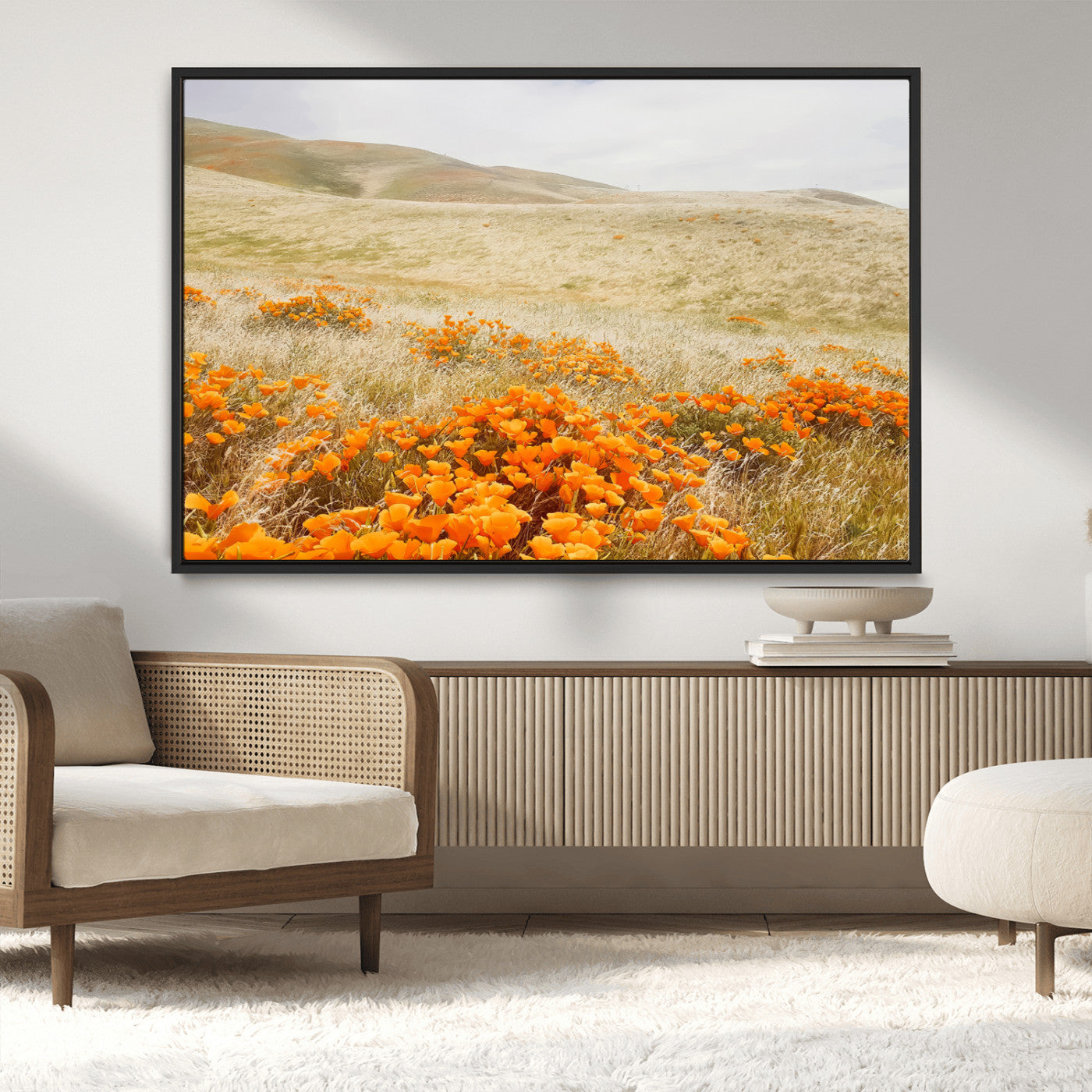 MGV-FC-36X24 - Golden Wildflowers Wall Art Canvas Print, Framed Hills Bloom Art Picture Print, Poppy Meadow Perfect Rustic Nature Decor Artwork
