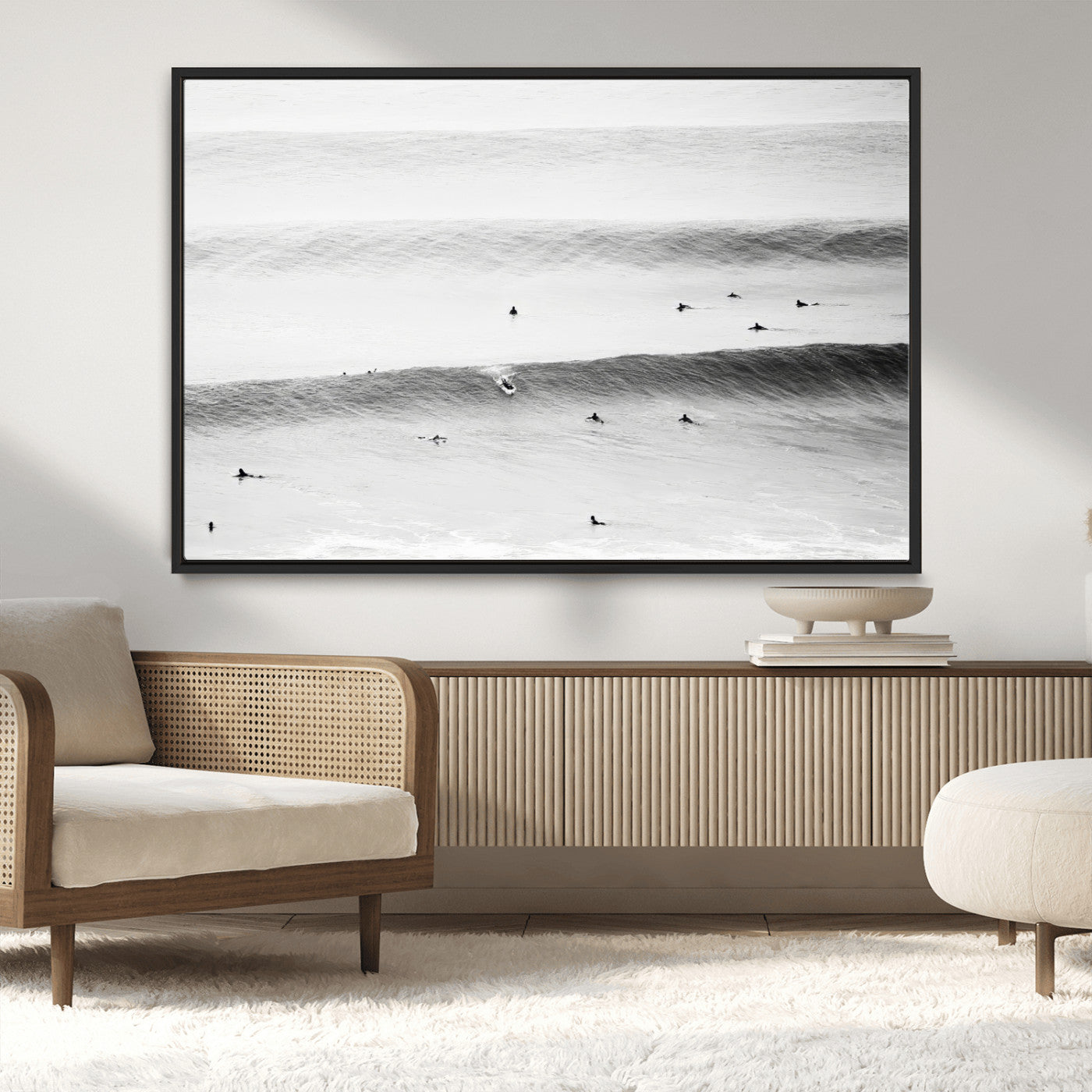 MGV-FC-36X24 - Black White Ocean Wall Art Canvas Print, Framed Coastal Sport Art Picture Print, Ocean Culture Perfect Minimalist Coastal Decor Artwork