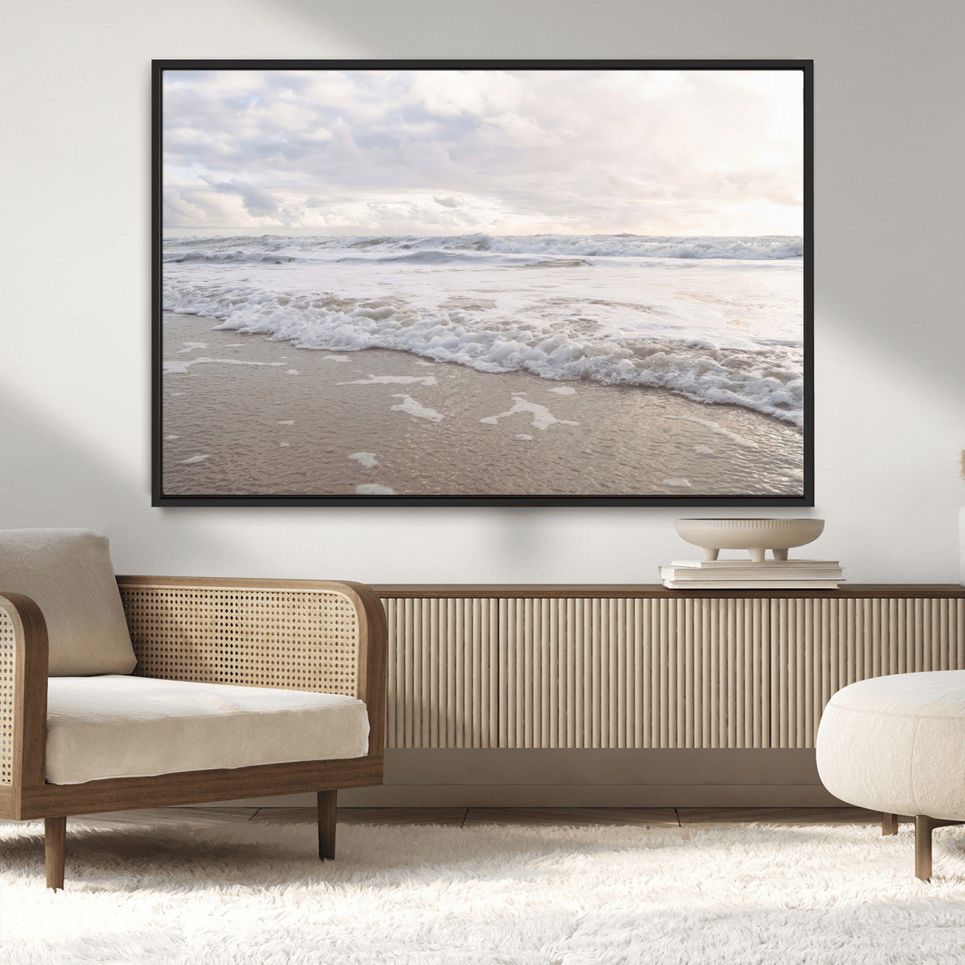MGV-FC-36X24 - Ocean Waves Wall Art Canvas Print, Framed Coastal Shoreline Art Picture Print, Sea Foam Perfect Coastal Minimalist Decor Artwork