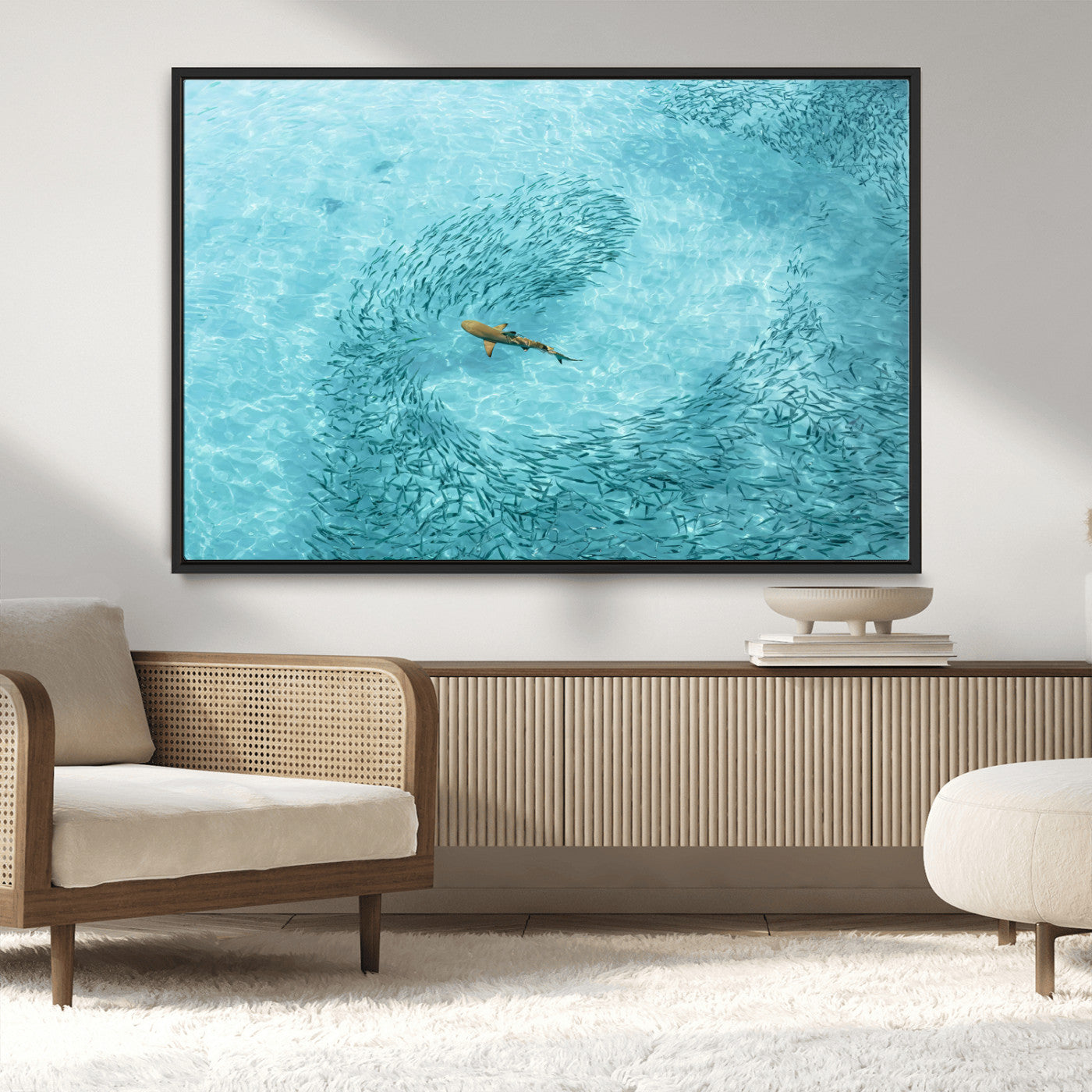MGV-FC-36X24 - Fish Swarm Wall Art Canvas Print, Framed Marine Life Art Picture Print, Shark Aerial Perfect Wildlife Coastal Decor Artwork