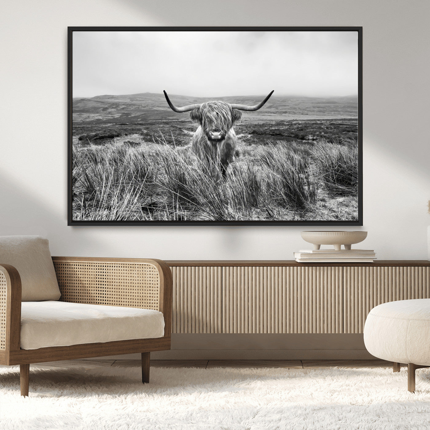 MGV-FC-36X24 - Monochrome Highland Cow Wall Art Canvas Print, Framed Scottish Bull Art Picture Print, Lone Cattle Perfect Rustic Farmhouse Decor Artwork