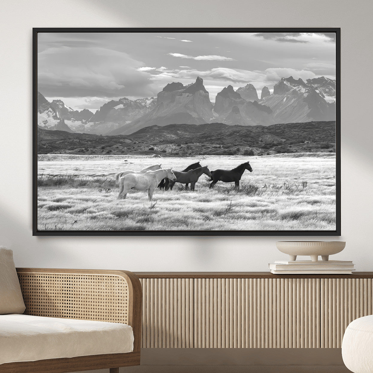 MGV-FC-36X24 - Wild Horses Wall Art Canvas Print, Framed Black White Mountains Art Picture Print, Rustic Countryside Perfect Rustic Western Decor Artwork