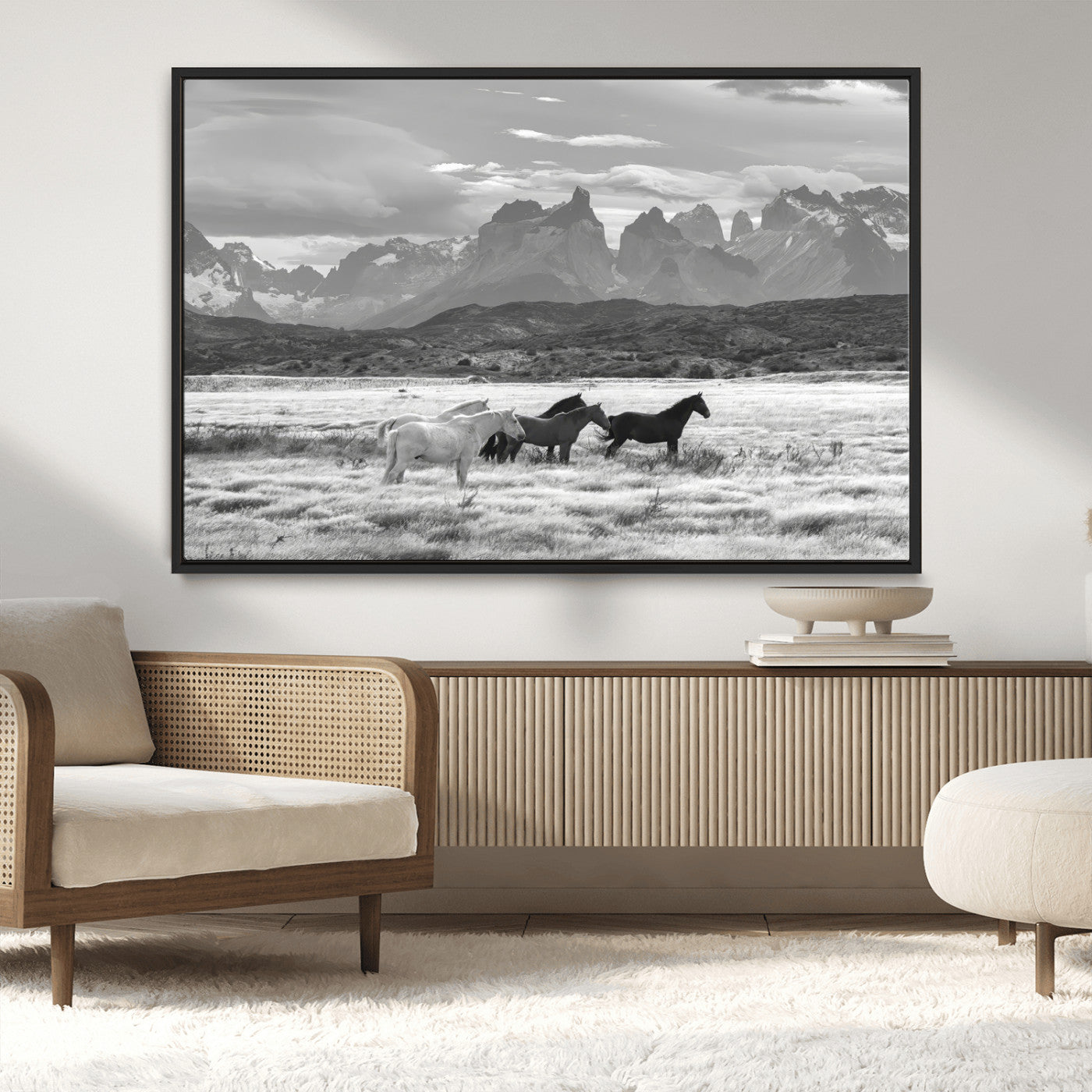 MGV-FC-36X24 - Wild Horses Wall Art Canvas Print, Framed Black White Mountains Art Picture Print, Rustic Countryside Perfect Rustic Western Decor Artwork