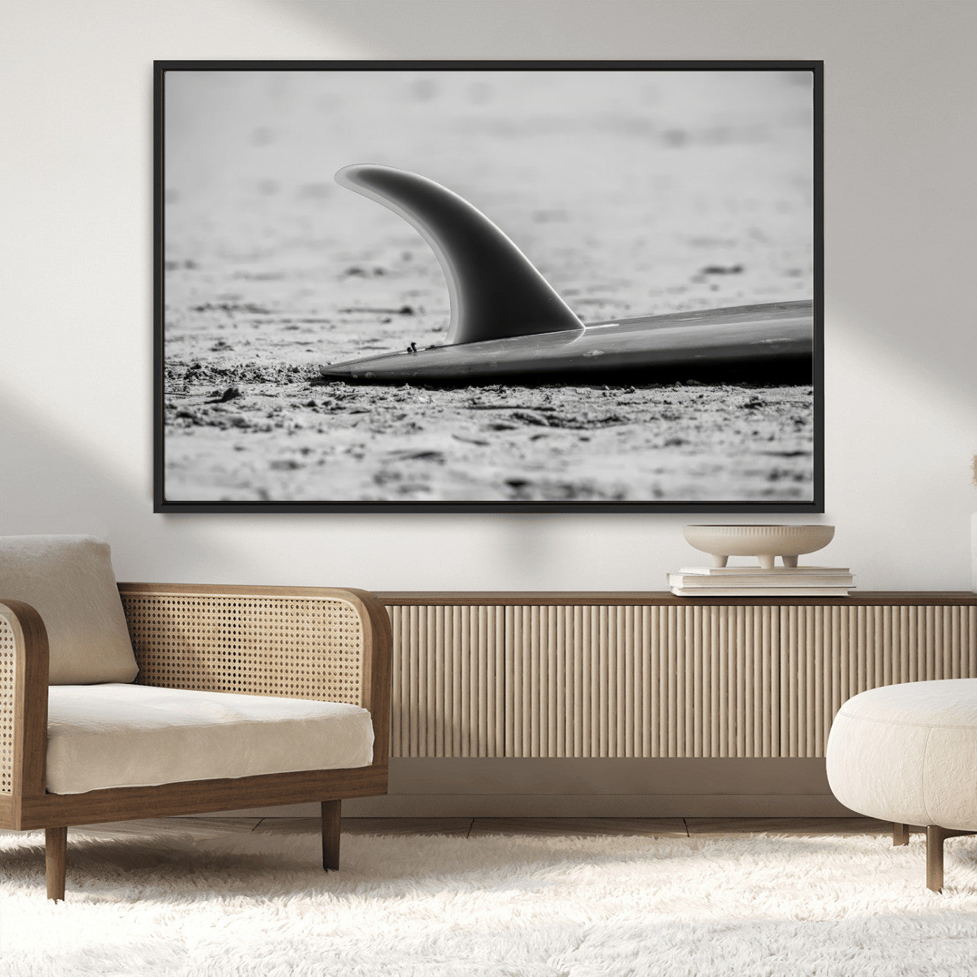 MGV-FC-36X24 - Black White Surfboard Wall Art Canvas Print, Framed Minimalist Beach Art Picture Print, Surf Fin Perfect Minimalist Coastal Decor Artwork