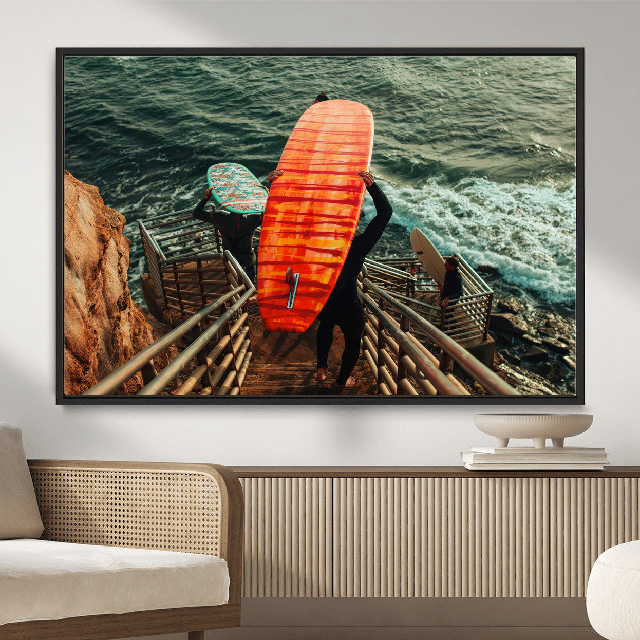 MGV-FC-36X24 - Surfer Stairway Wall Art Canvas Print, Framed Ocean Surf Art Picture Print, Sunset Coastal Perfect Coastal Adventure Decor Artwork