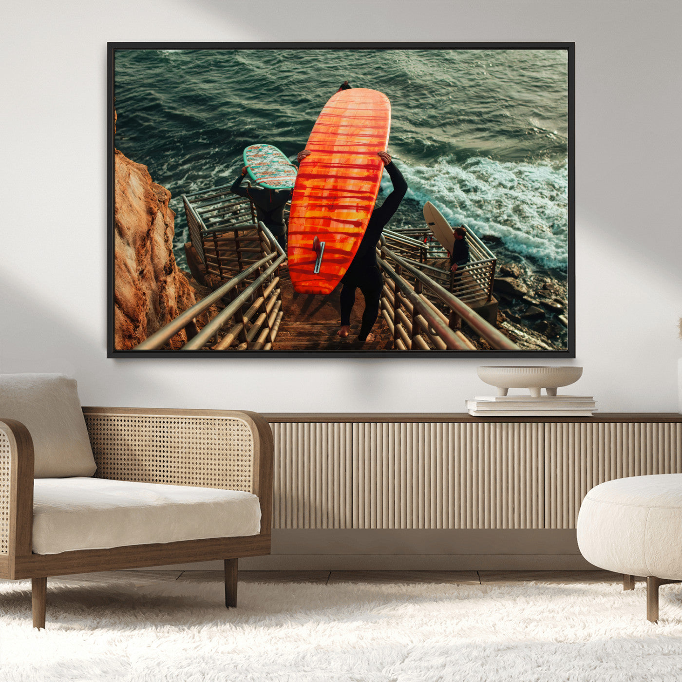 MGV-FC-36X24 - Surfer Stairway Wall Art Canvas Print, Framed Ocean Surf Art Picture Print, Sunset Coastal Perfect Coastal Adventure Decor Artwork