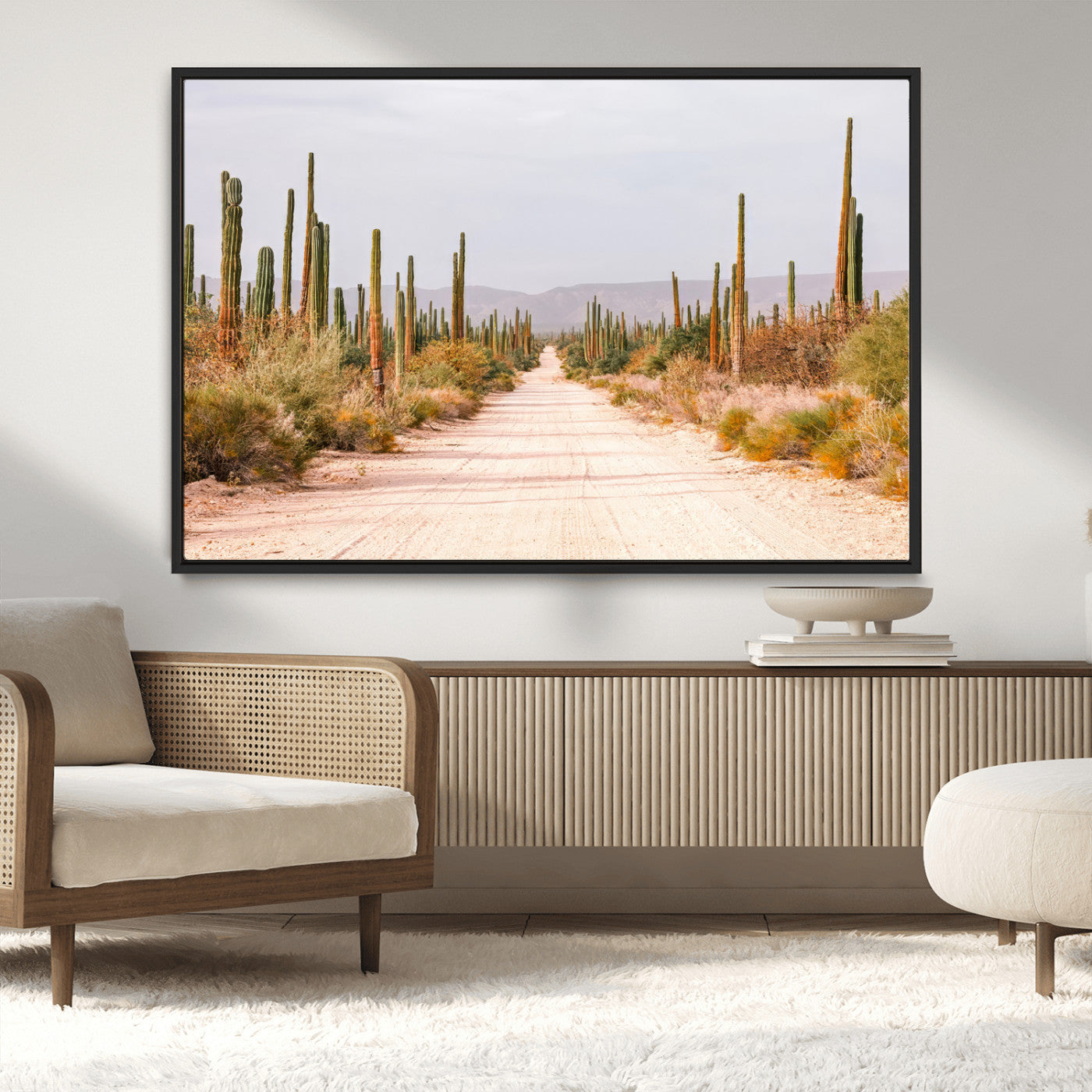 MGV-FC-36X24 - Desert Cactus Lined Road Wall Art Canvas Print, Framed Southwestern Landscape Art Picture Print, Bohemian Western Aesthetic Perfect Southwestern Boho Decor Artwork