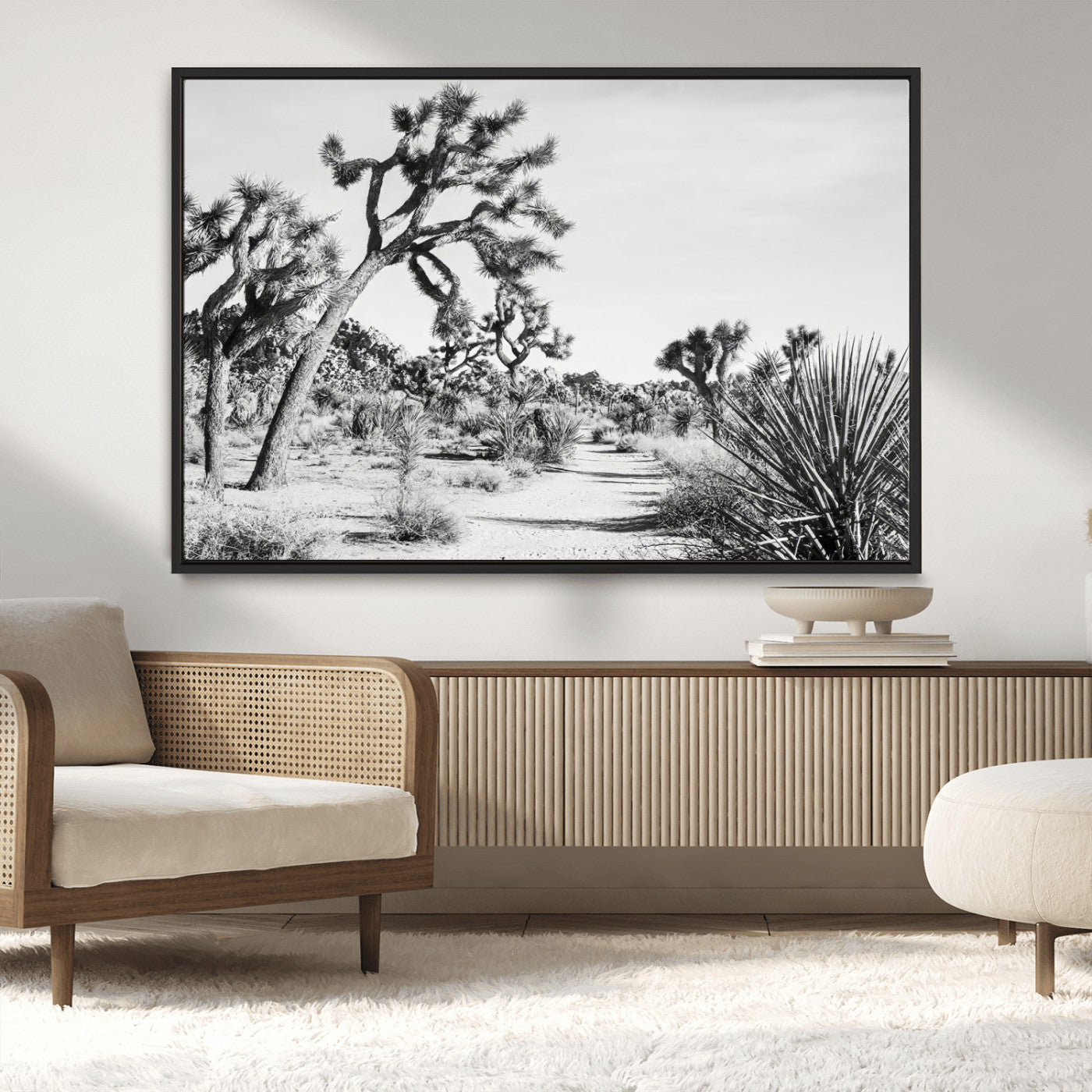 MGV-FC-36X24 - Joshua Tree Wall Art Canvas Print, Framed Desert Path Art Picture Print, Monochrome Desert Perfect Minimalist Desert Decor Artwork