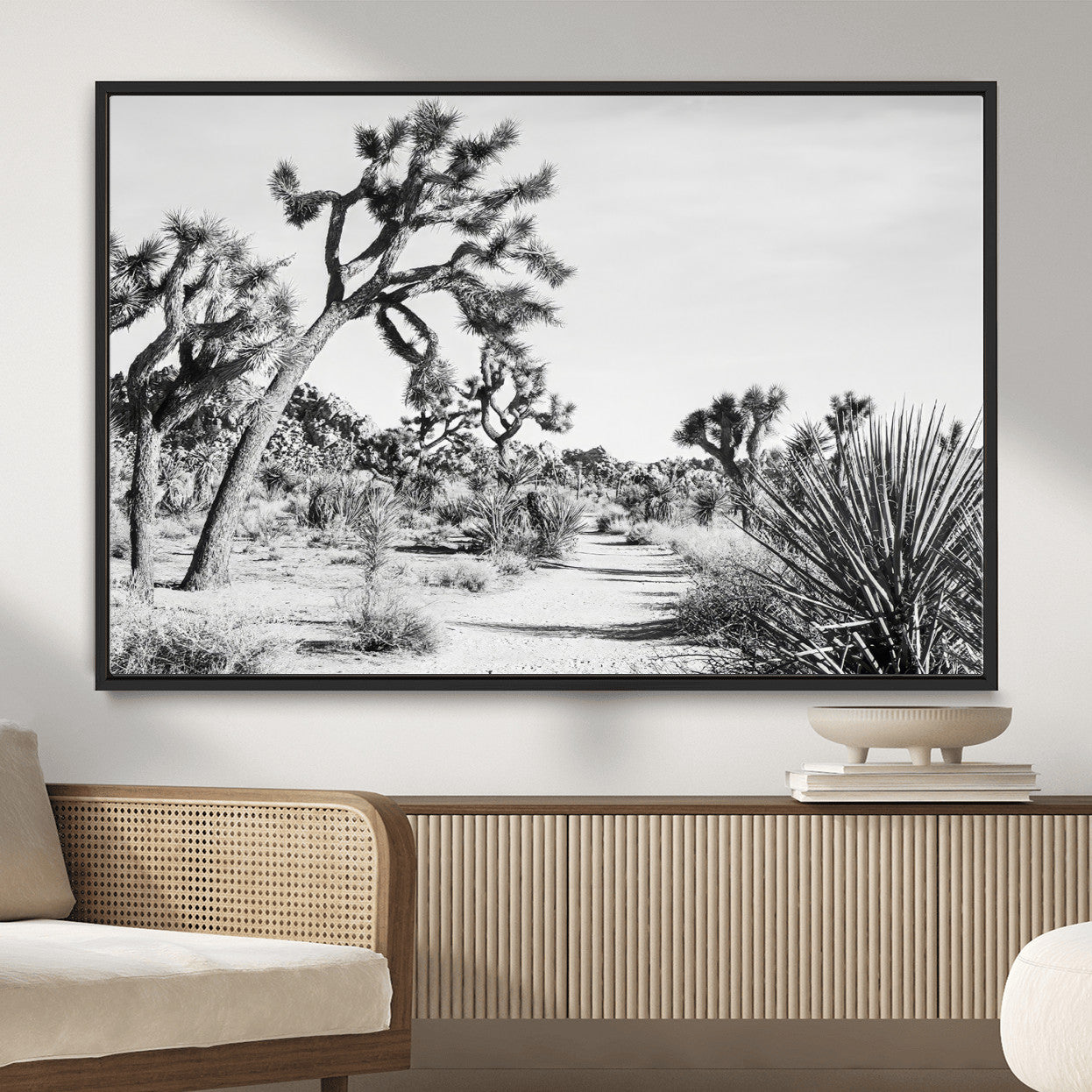 88164251-MGV-CV-36X24-Joshua Tree Desert Wall Art – Black & White Canvas Print, Nature Serenity Decor for Guest Room, Office or Living Room