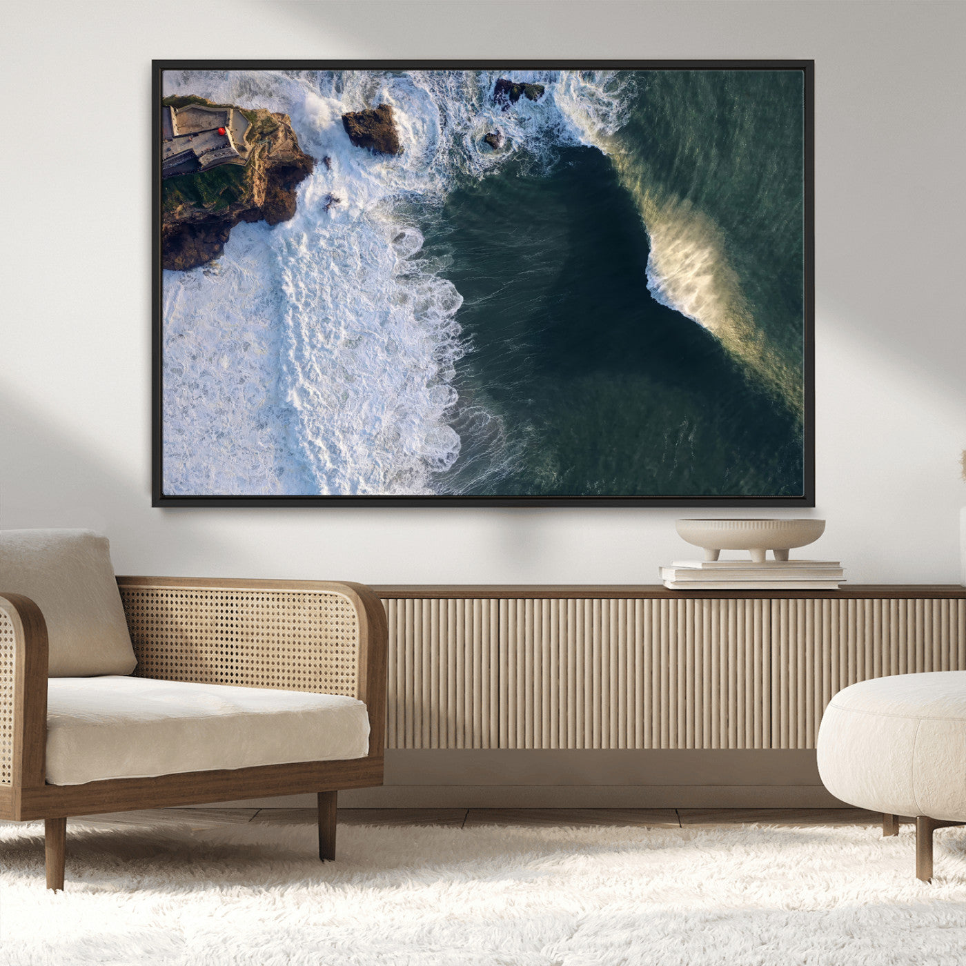 MGV-FC-36X24 - Nazaré Coast Wall Art Canvas Print, Framed Aerial Ocean Art Picture Print, Coastal Fortress Perfect Dramatic Coastal Decor Artwork