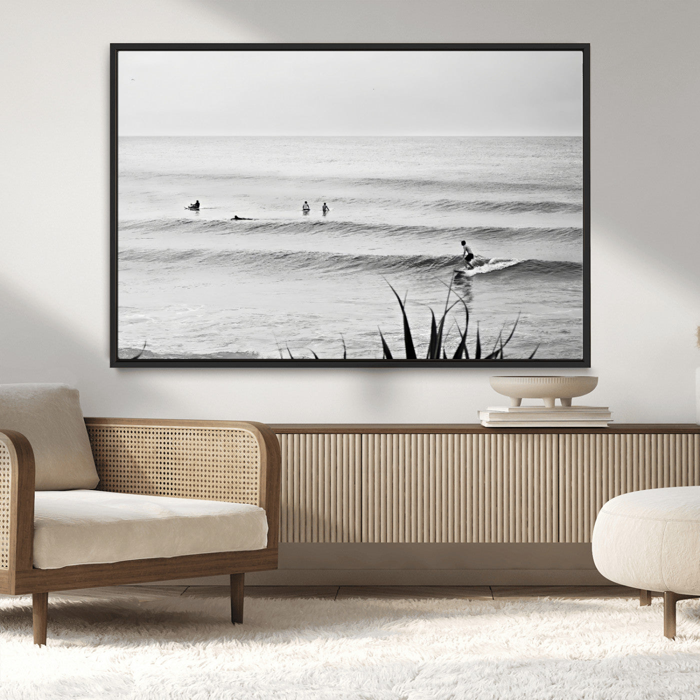 MGV-FC-36X24 - Surfer Silhouette Wall Art Canvas Print, Framed Calm Ocean Art Picture Print, Monochrome Surf Perfect Minimalist Coastal Decor Artwork