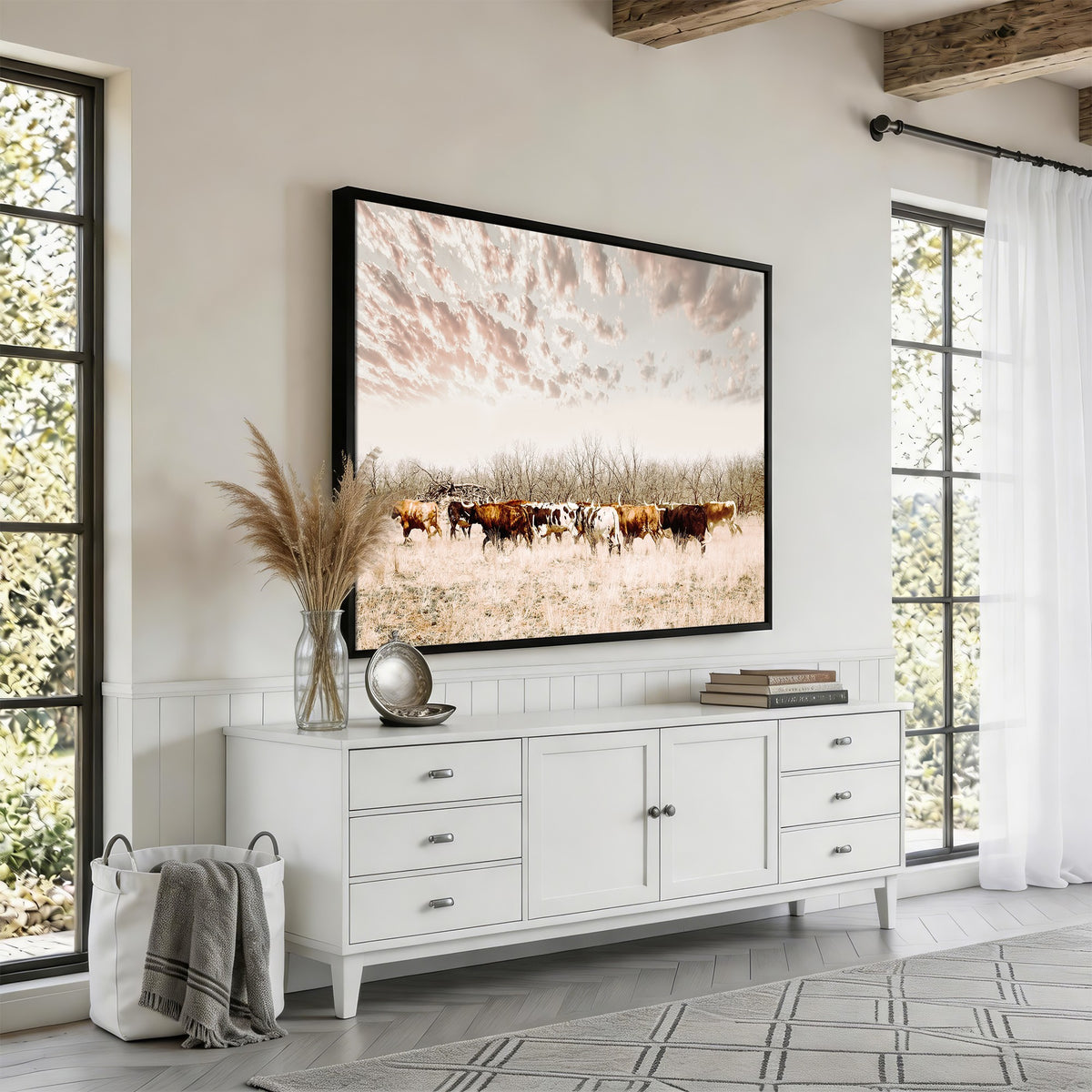 64892775-MGV-CV-24X16 - Longhorn Cattle Wall Art Canvas Print, Framed Texas Ranch Art, Western Cow Print, Prairie Landscape Decor