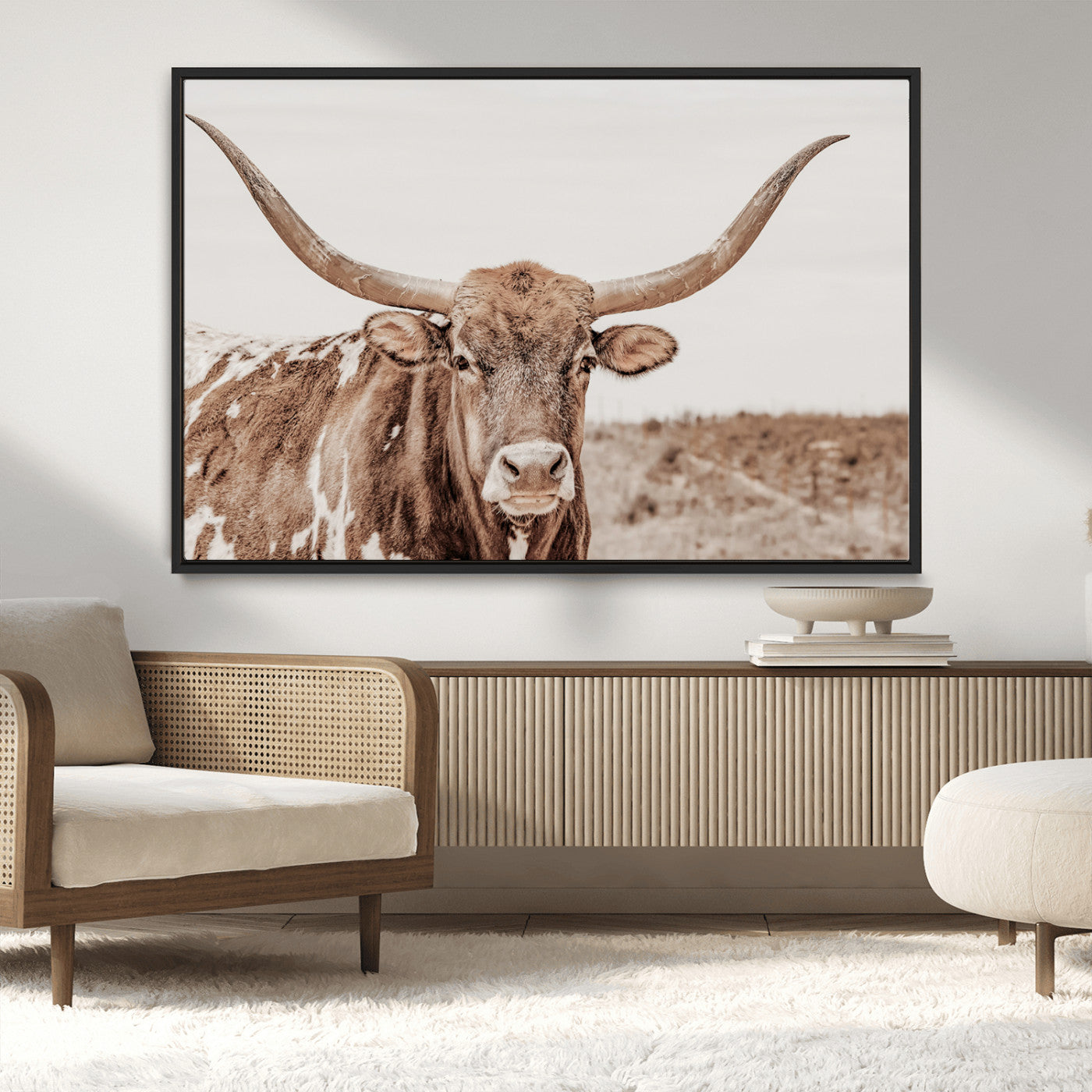 MGV-FC-36X24 - Longhorn Cow Wall Art Canvas Print, Framed Texas Ranch Art Picture Print, Western Bull Perfect County Decor Artwork