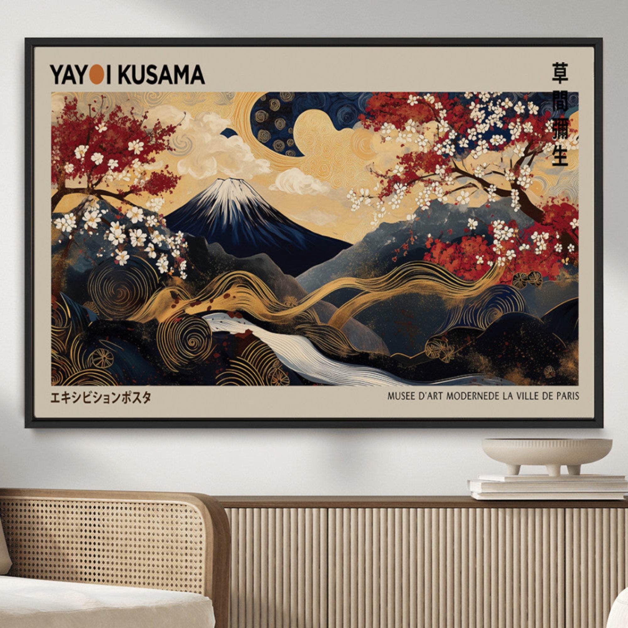 54967195-MGV-CV-36X24-Modern Japanese Wall Art Canvas Print – Framed Abstract Mount Fuji Scene with Yayoi Kusama Japanese Artwork for Home, Office