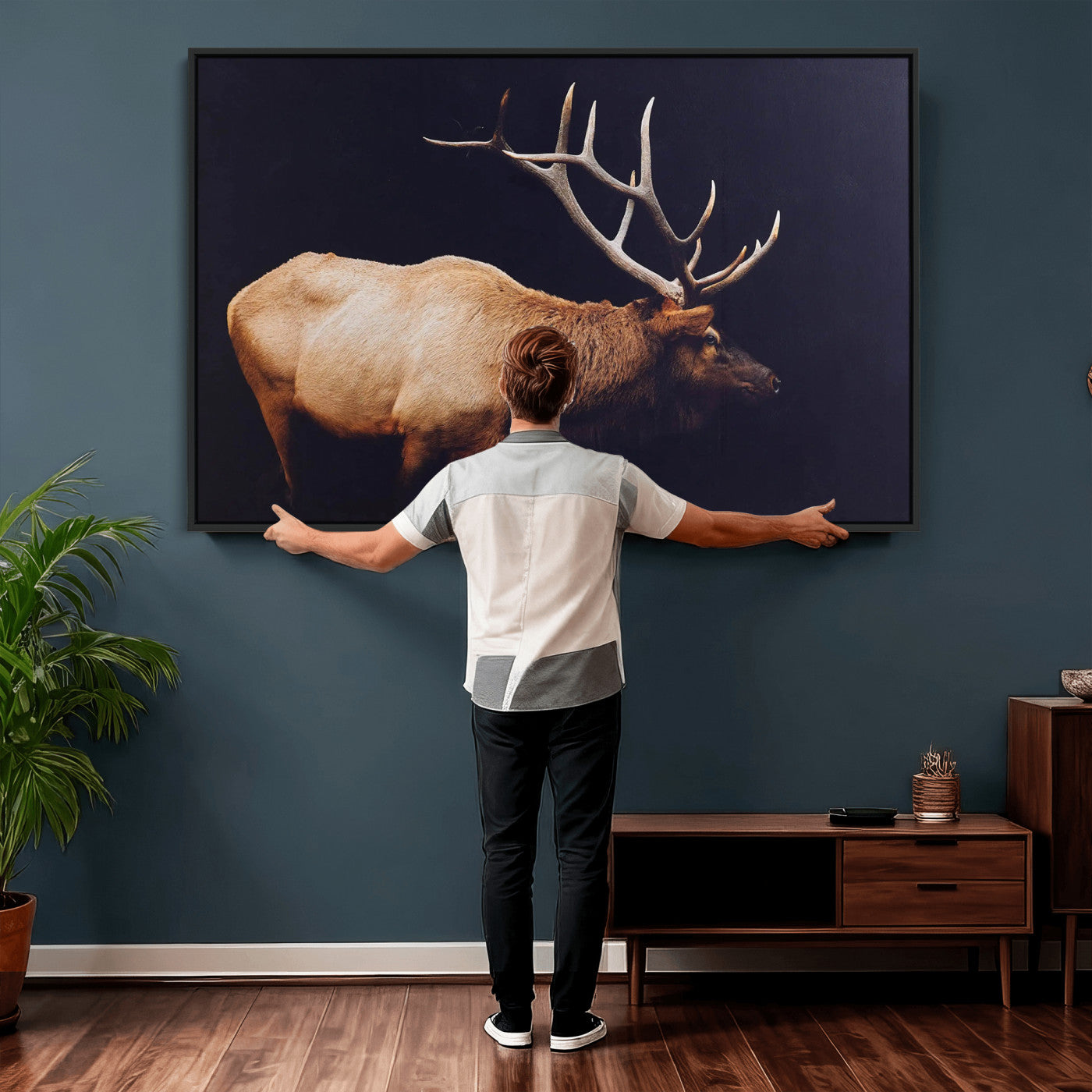 89239257-MGV-CV-36X24 - Rustic Elk Wall Art Canvas Print – Framed Moody Wildlife Art Picture Western Animal Artwork for Home, Office Decor