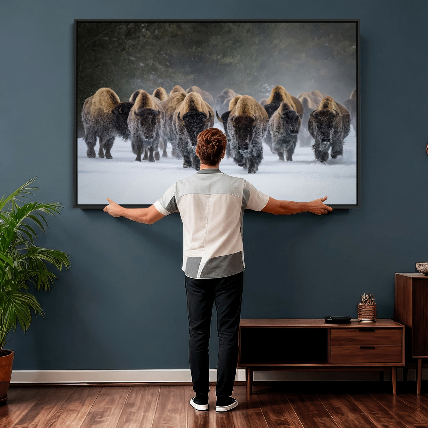 41669135-MGV-CV-36X24 - Winter Bison Herd Wall Art – Majestic Buffalo Charge Canvas Print with Snow Covered Plains, Rustic Wildlife Strength and Untamed Nature Decor for Home and Office