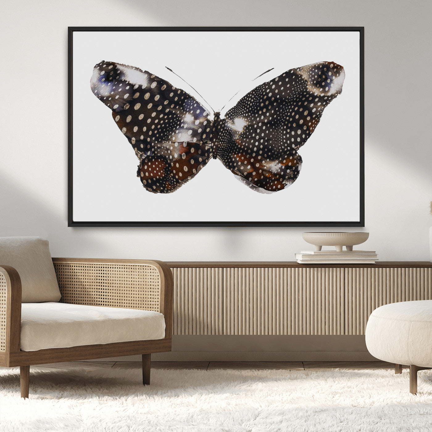 MGV-FC-36X24 - Spotted Butterfly Wall Art Canvas Print, Framed Neutral Insect Theme Art Picture Print, Earthy Wing Pattern Perfect Modern Rustic Decor Artwork