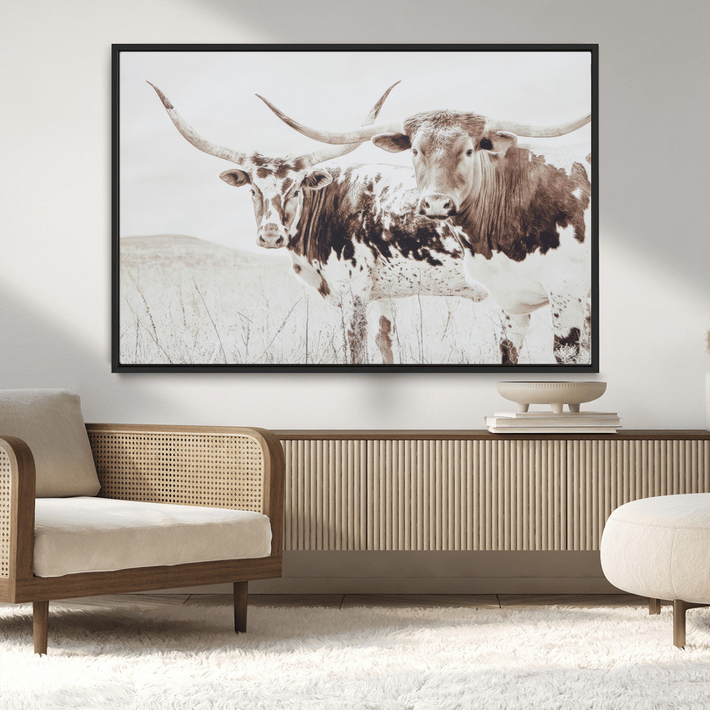 MGV-FC-36X24 - Longhorn Wall Art Wall Art Canvas Print, Framed Western Cow Canvas Art Picture Print, Rustic Farm Decor Perfect Rustic Farmhouse Decor Artwork