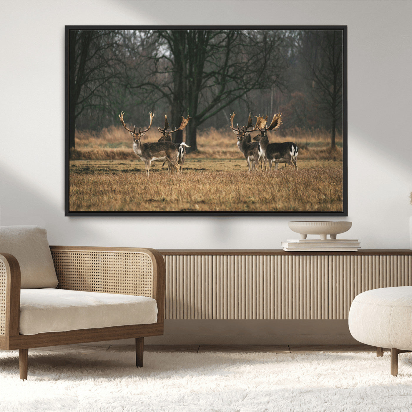 MGV-FC-36X24 - Deer Photography Wall Art Canvas Print, Framed Rustic Wildlife Art Picture Print, Stags In Forest Perfect Rustic Wilderness Decor Artwork