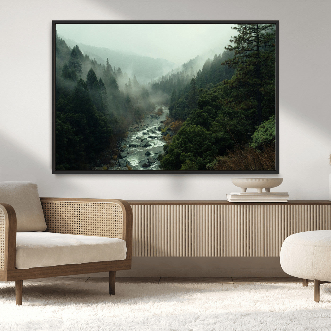 MGV-FC-36X24 - Misty Forest Wall Art Canvas Print, Framed Foggy River Art Picture Print, Moody Landscape Perfect Wilderness Decor Artwork