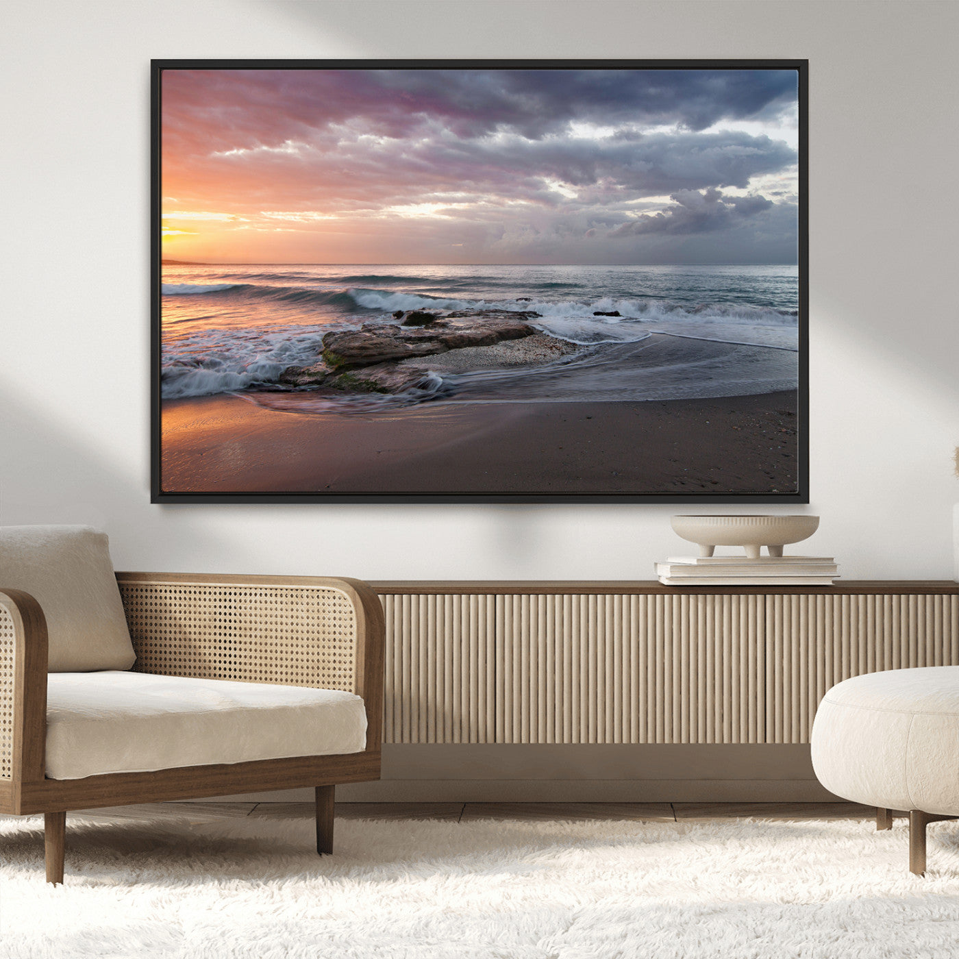 MGV-FC-36X24 - Golden Hour Wall Art Canvas Print, Framed Tranquil Waves Art Picture Print, Beach Perfect Coastal Serenity Decor Artwork