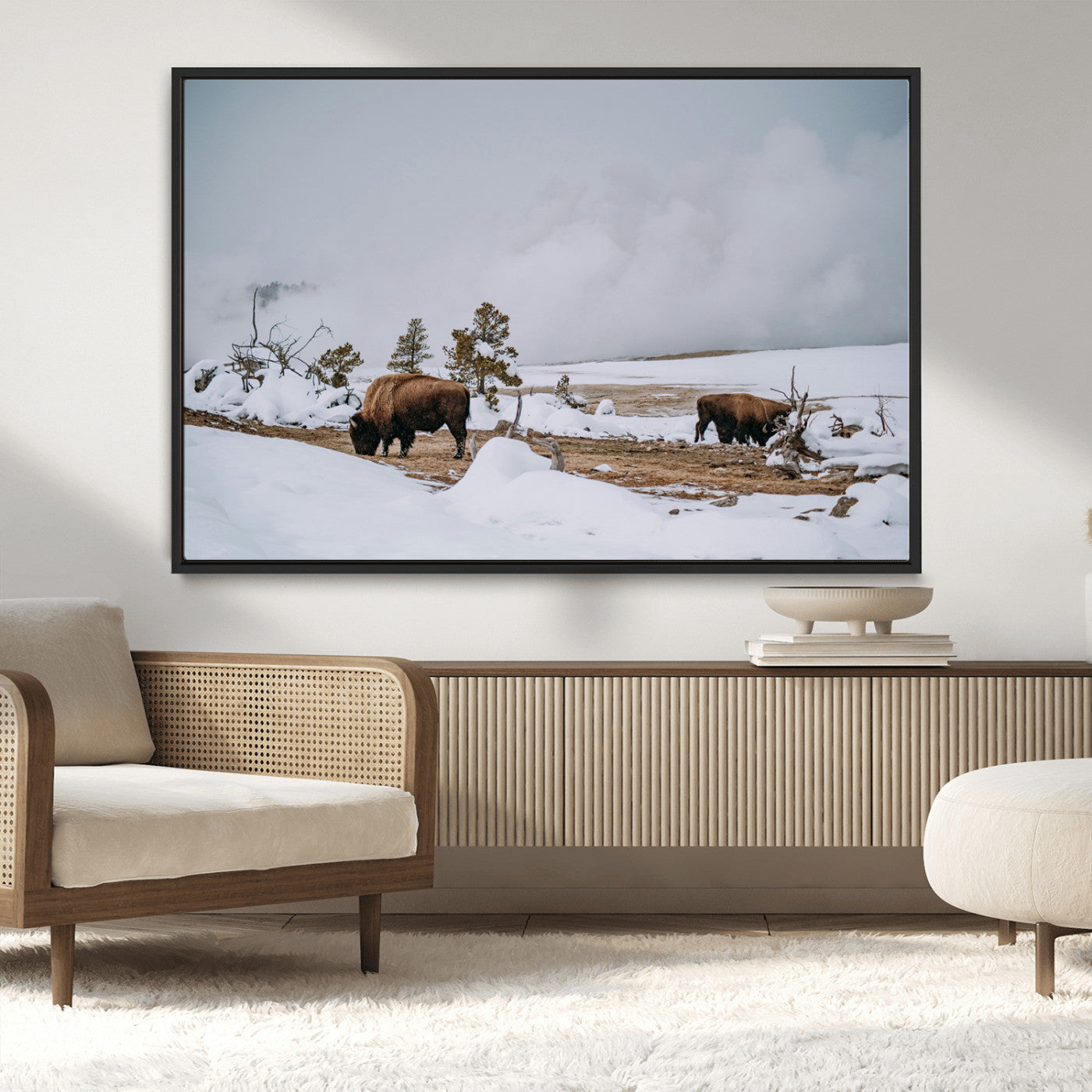 MGV-FC-36X24 - Bison Wildlife Wall Art Canvas Print, Framed Snowy Prairie Art Picture Print, Western Perfect Rustic Decor Artwork
