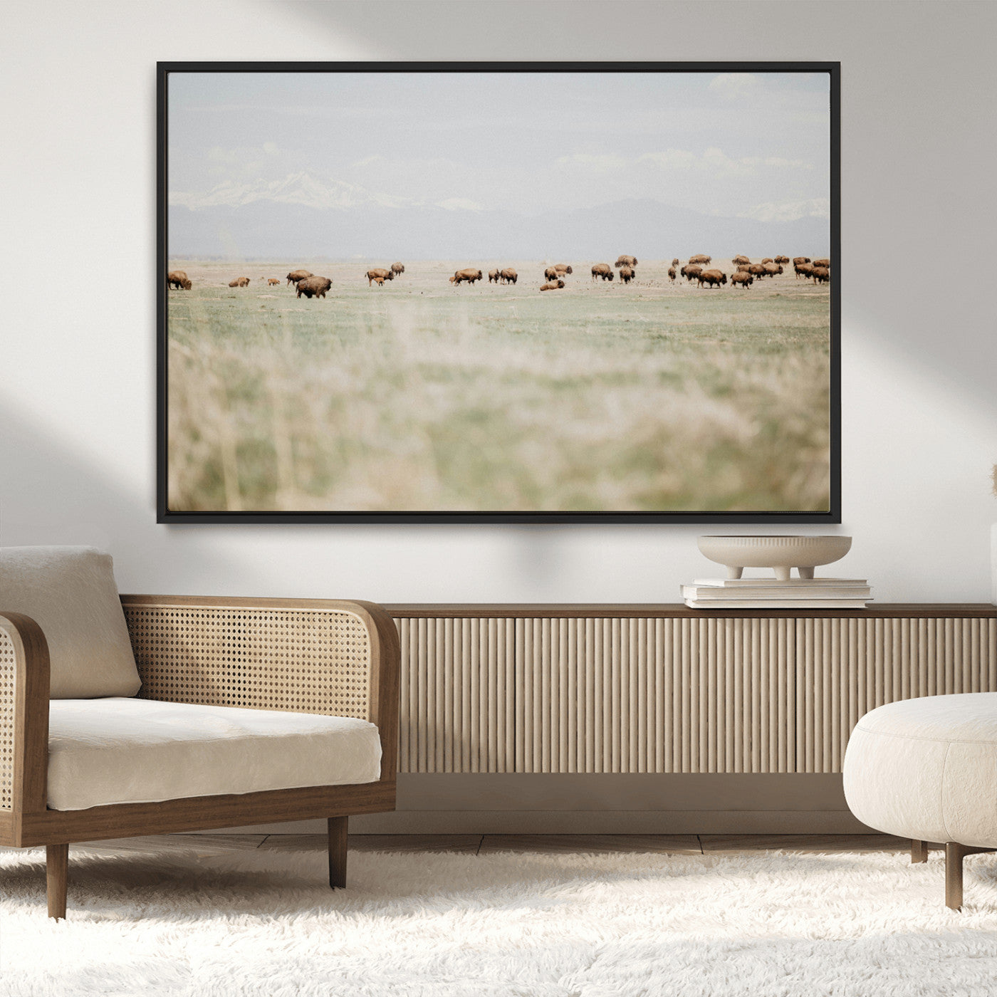 MGV-FC-36X24 - Bison Herd Wall Art Canvas Print, Framed Western Art Picture Print, Bison Perfect Ranch Decor Artwork