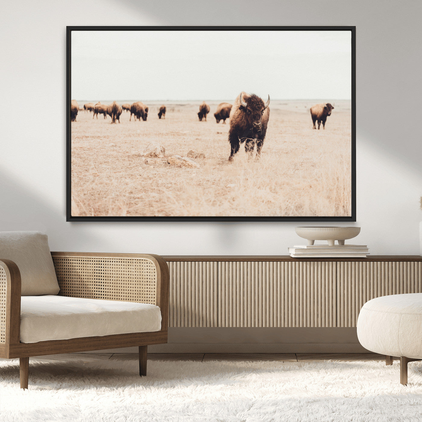 MGV-FC-36X24 - Bison Herd Wall Art Canvas Print, Framed Western Art Picture Print, Prairie Serenity Perfect Ranch Decor Artwork